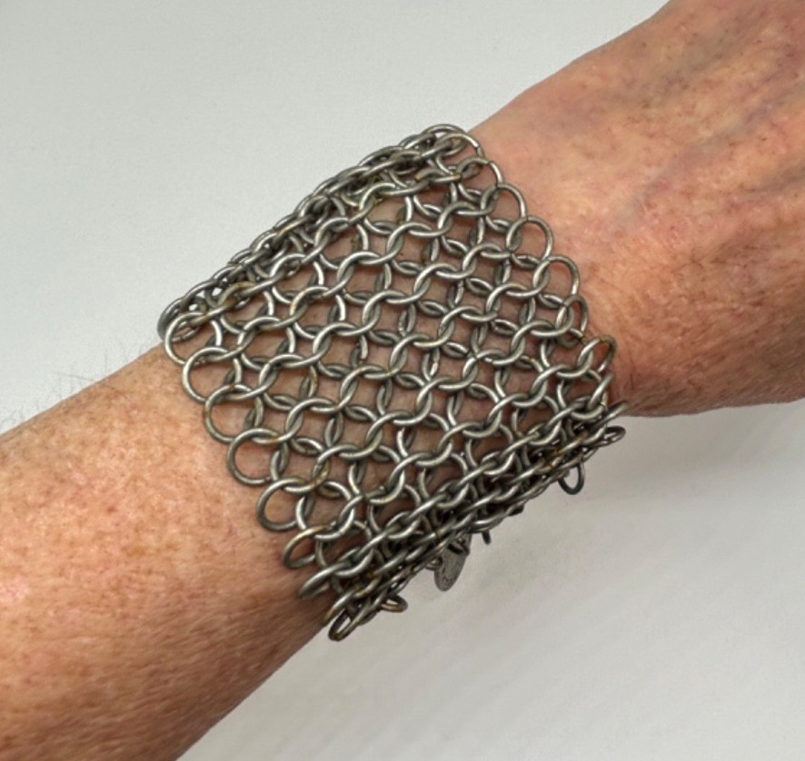 Vintage STELLA MCCARTNEY Silver Mesh Metal Wire Wide BRACELET w/ Charm