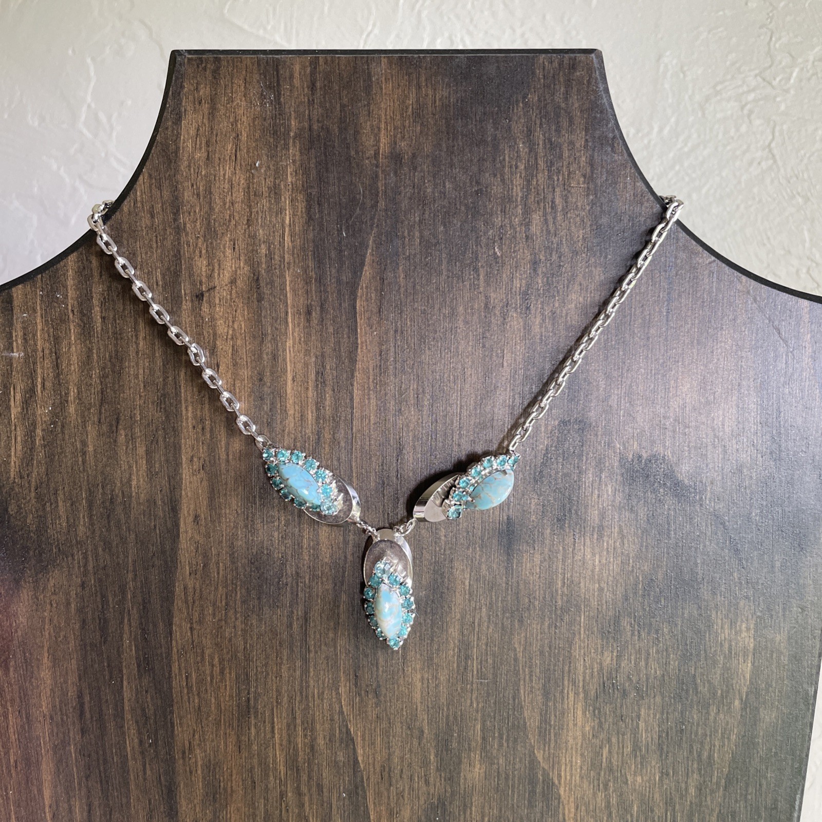 Vintage Rhinestone & Turquoise Silver Choker Necklace