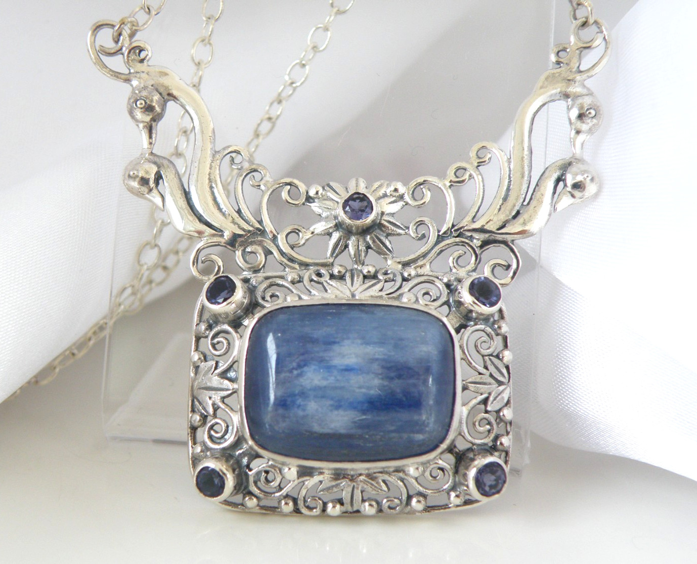 Sterling Silver 925 Natural Kyanite Iolite Art Nouveau Style Necklace 18″