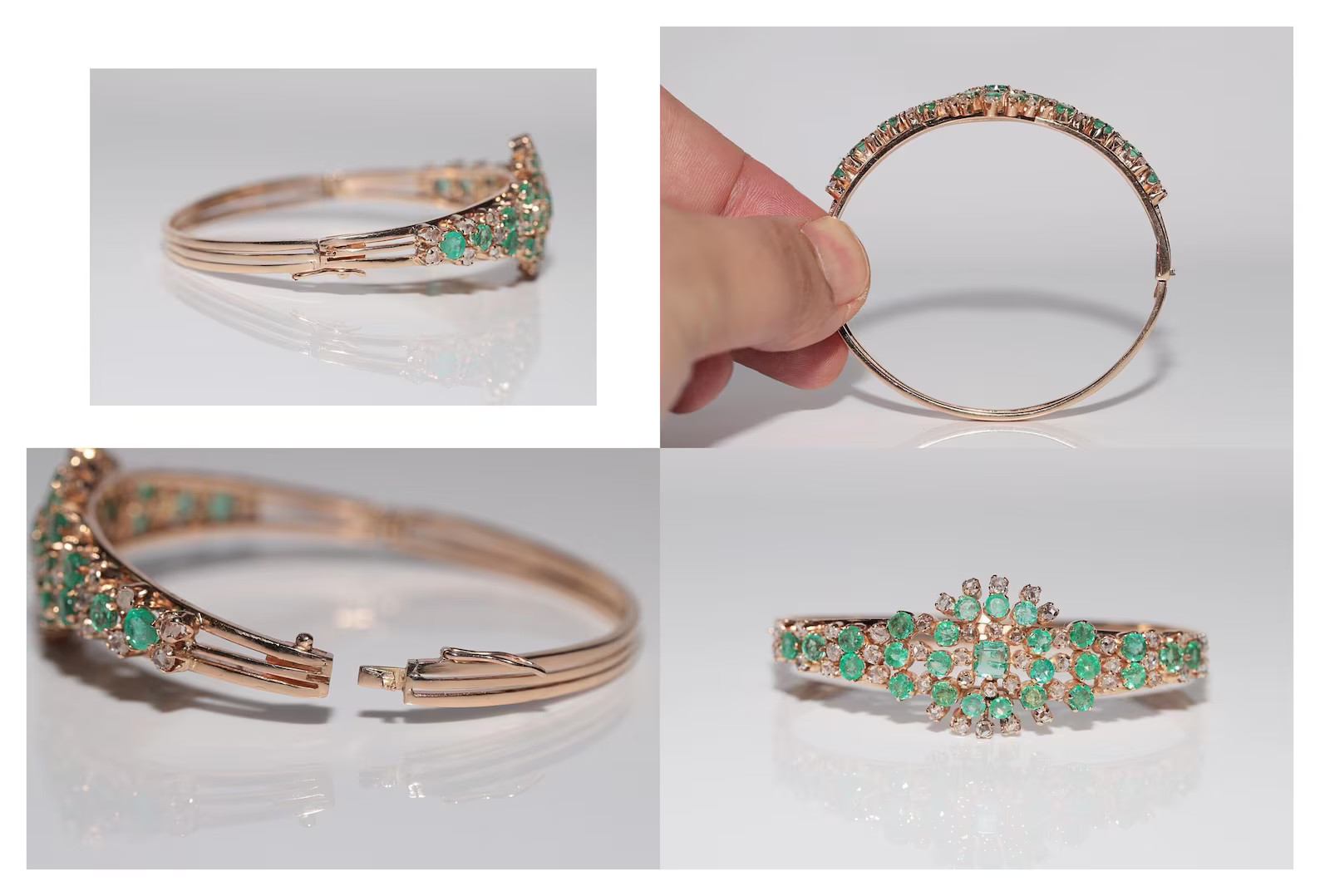Antique Circa 1900s 14k Gold Natural Rose Cut Diamond And Emerald Bracelet