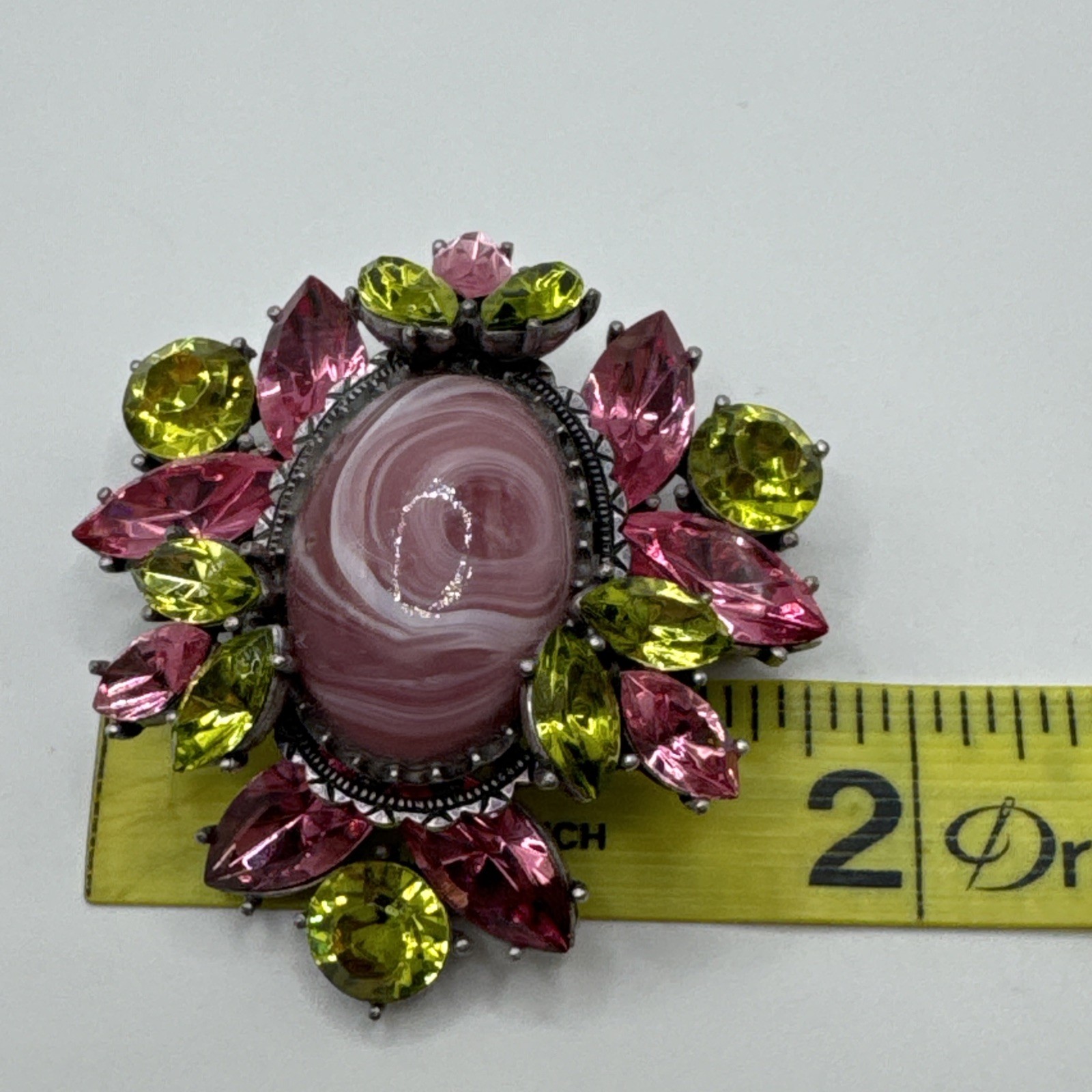 Vintage Flower Large Pink Center Stone with Pink and Green Crystals Brooch Pin