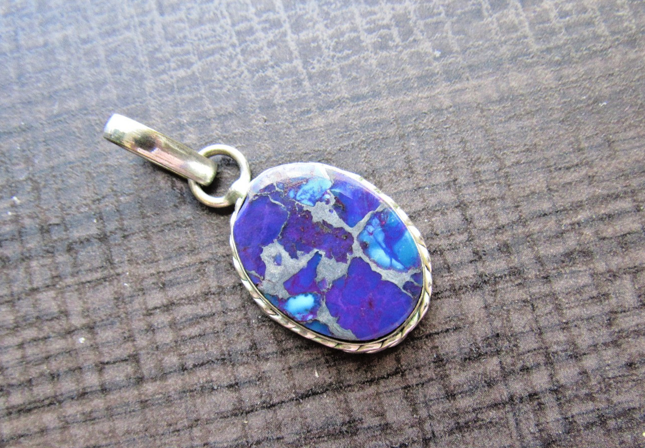 Vintage Silver Pendant Purple & Blue Turquoise Stone Bezel Set Flat Cabochon