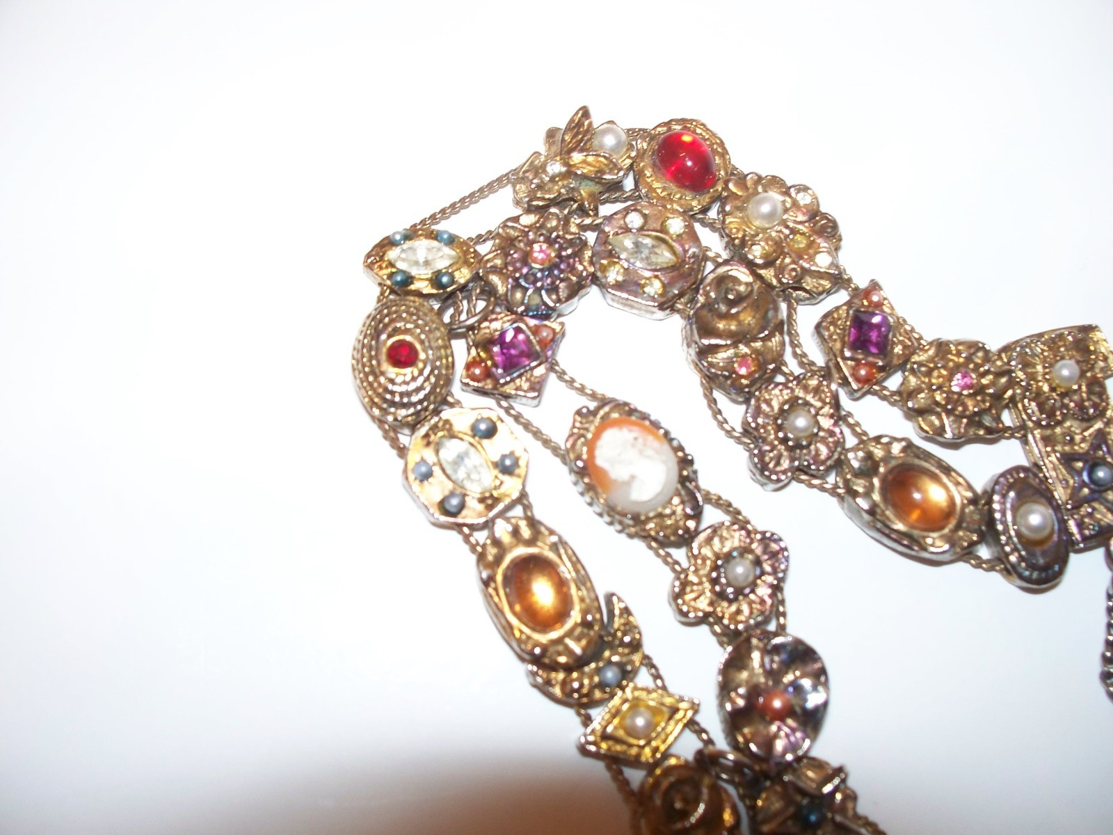 Vintage Faux Jewel Slide Double Row Charm Bracelet Cameo Amethyst Rhinestones