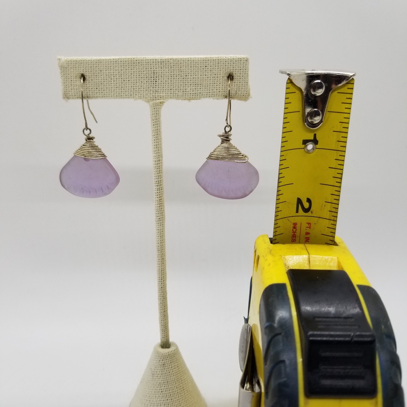Vintage Purple Sea Glass Claw Shell Design Wite Wapped Dangle Drop Earrings