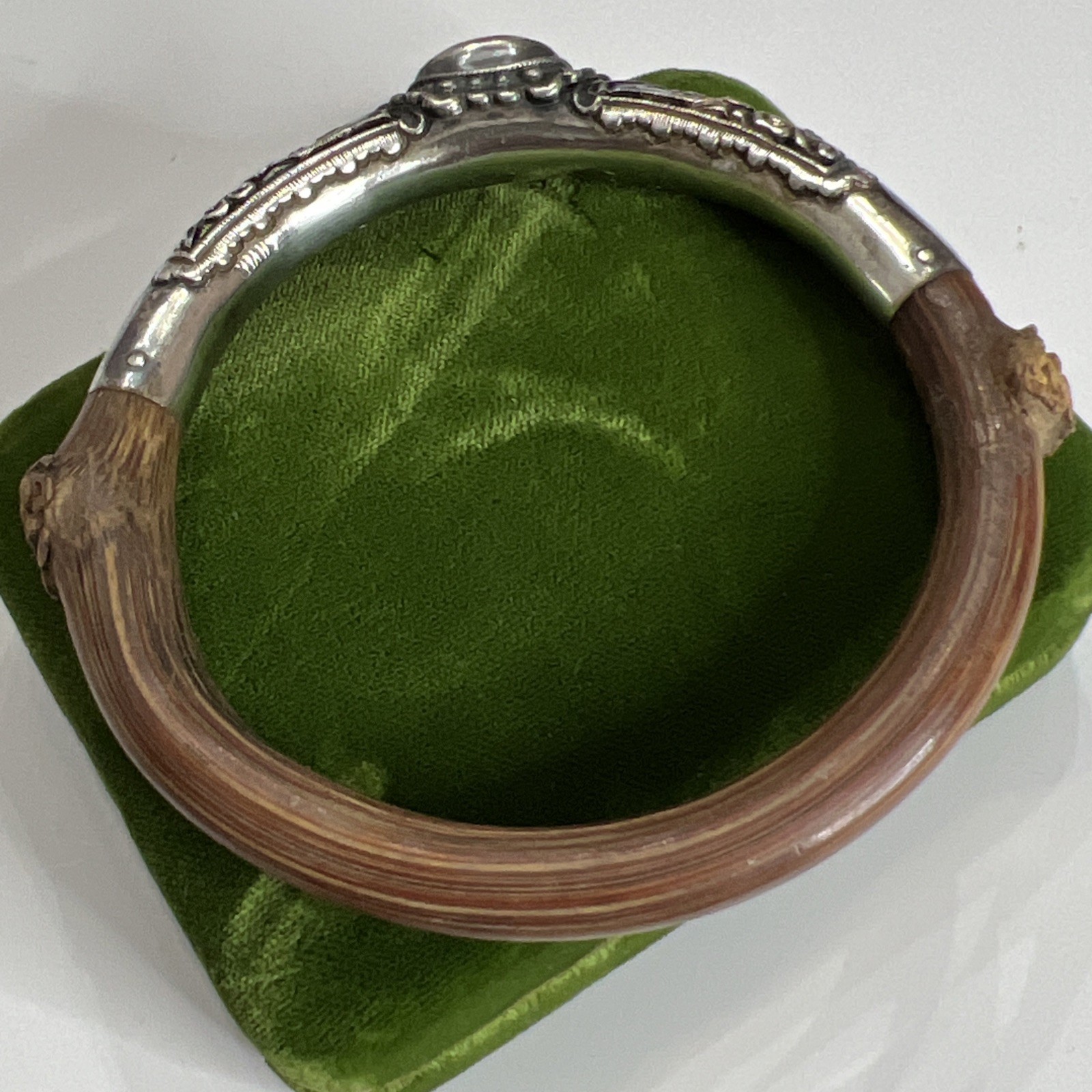 Antique Chinese Sterling Butterfly Enamel Carnelian Rattan Bamboo Bangle 7.75”