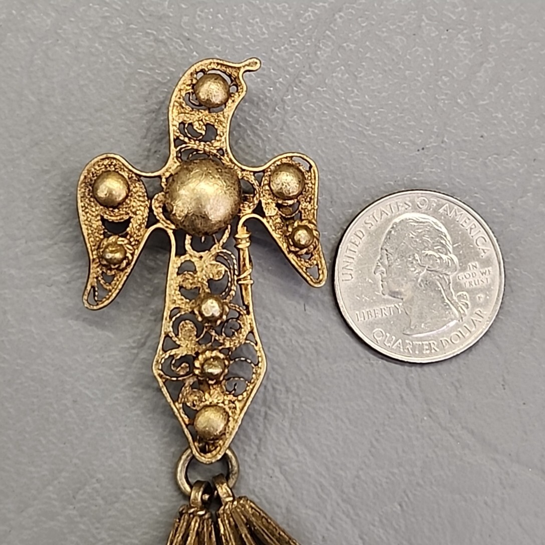 Vintage Eagle Brooch Gold Filled Filigree Tassel C Clasp Artisan Antique 3.5″