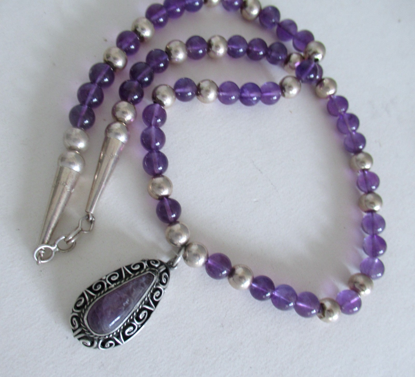 STERLING & AMETHYST MEXICO PENDANT & NECKLACE, 22 INCHES, 8.5MM WIDE, 49 GRAMS