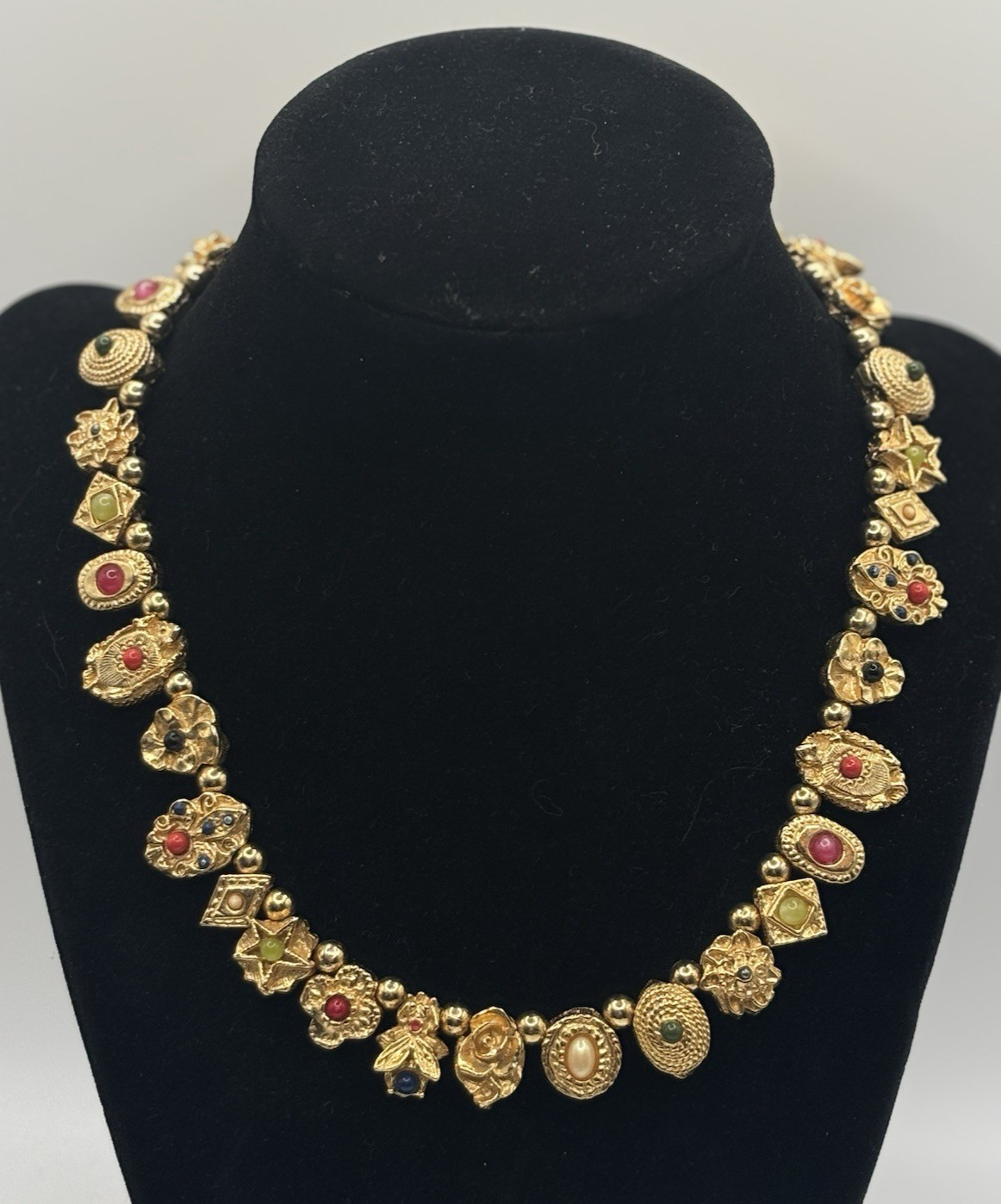 RARE Vintage Unsigned Goldette Victorian Revival Sliding Charm Necklace 16″