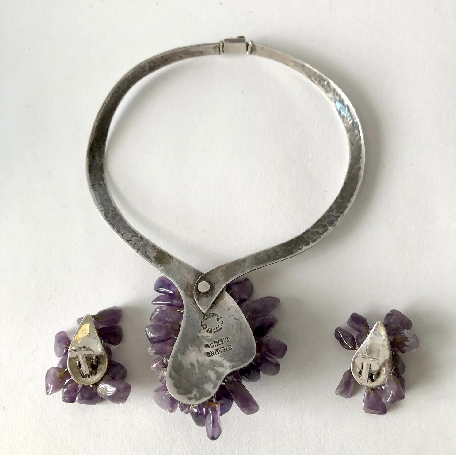 Los Castillo Sterling Silver Amethyst Mexican Modernist Necklace Earrings Set