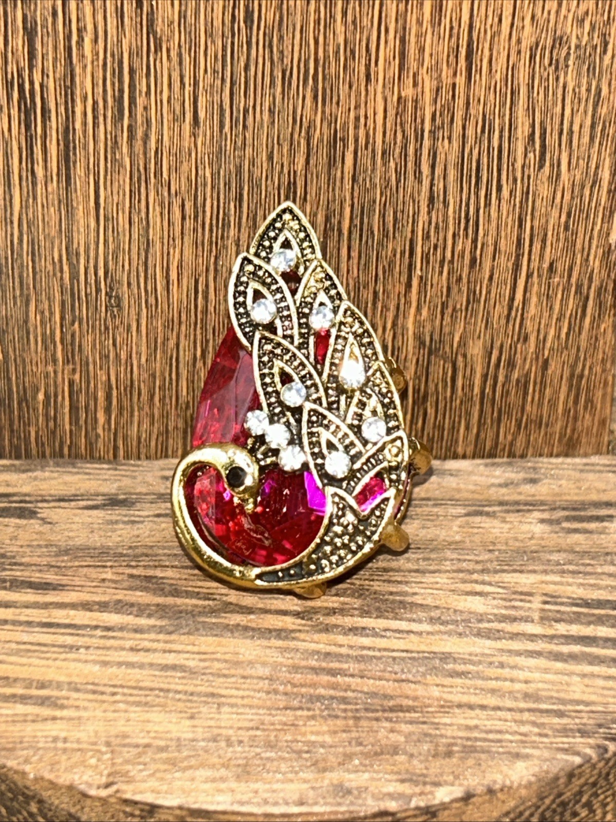 Modern Costume Jewelry Gold Tone Peacock Pin Brooch 1 1/4” Pink Stone