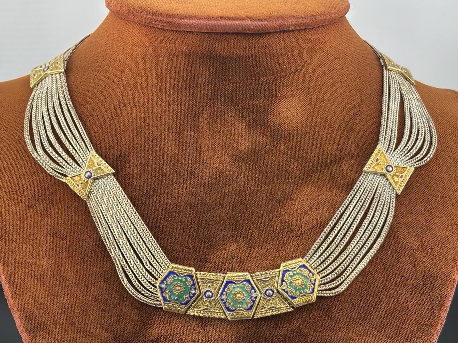 Vtg Anatoli Sterling Silver Enamel Necklace Gold Vermeil Station Pendants 17″