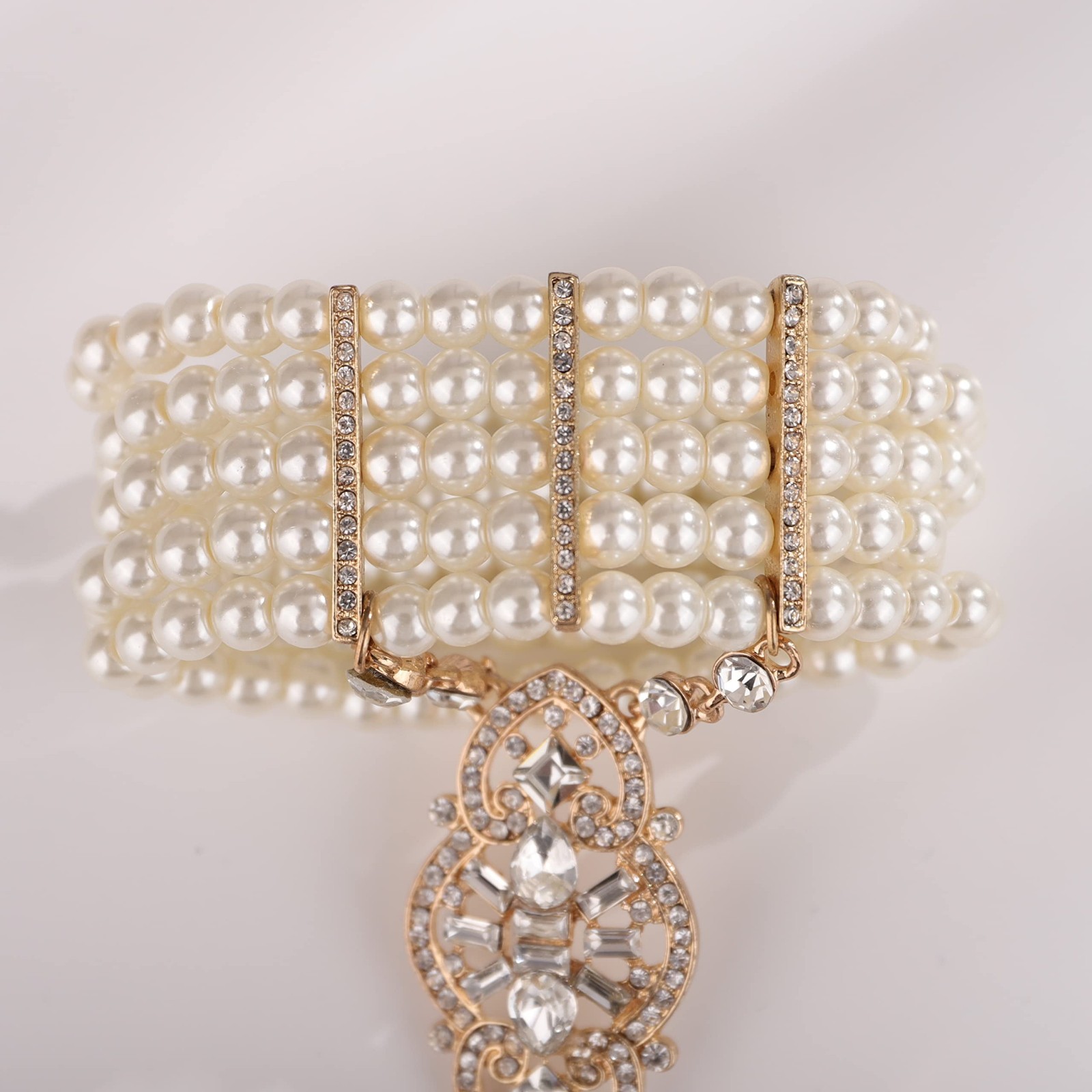 Vintage 1920s Flapper Faux Pearl Gold Rhinestone Stretch Bracelet – Wedding Part