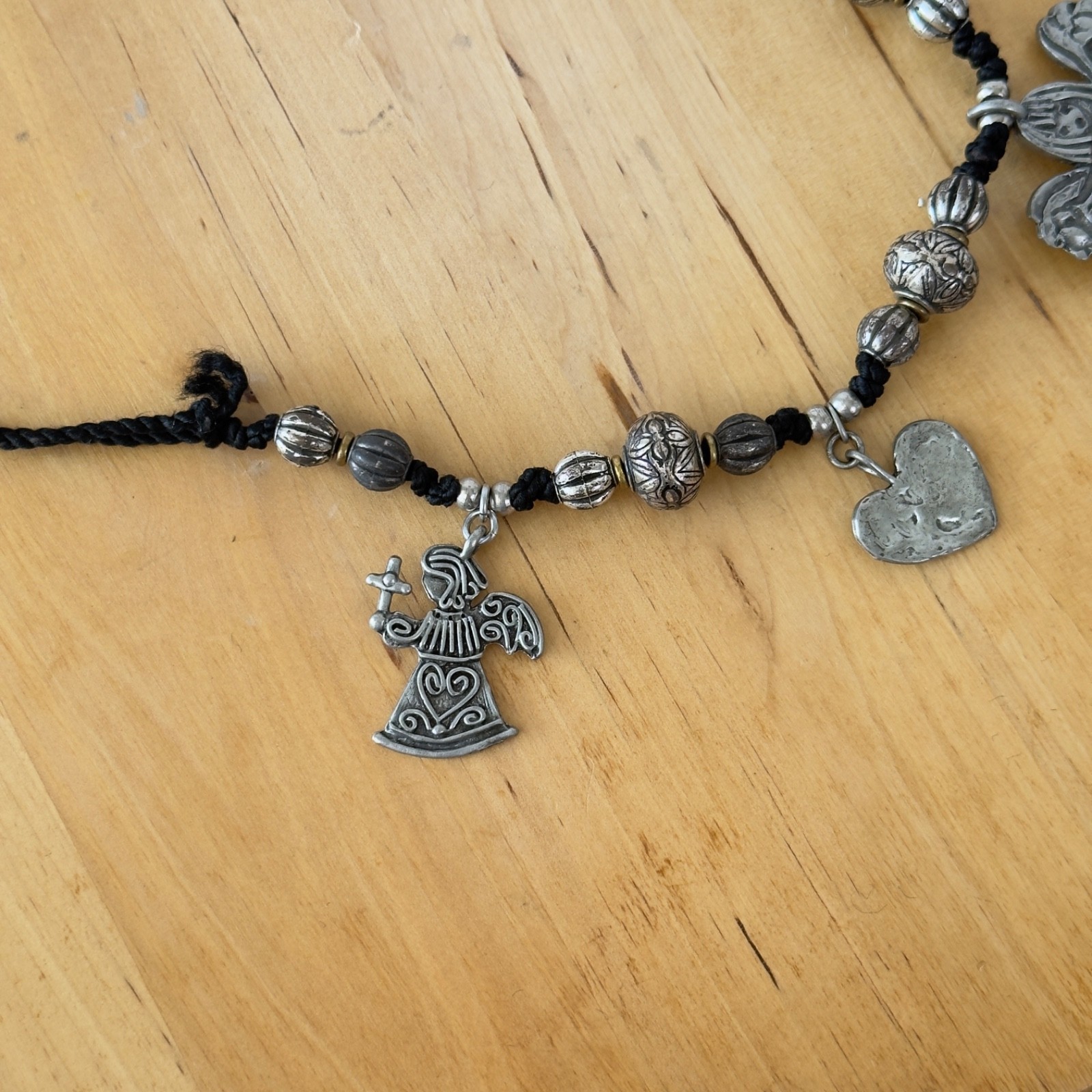 Vintage Signed MARCIE Beaded Pewter 3 Angels Cord Necklace Faith, Hope & Charity