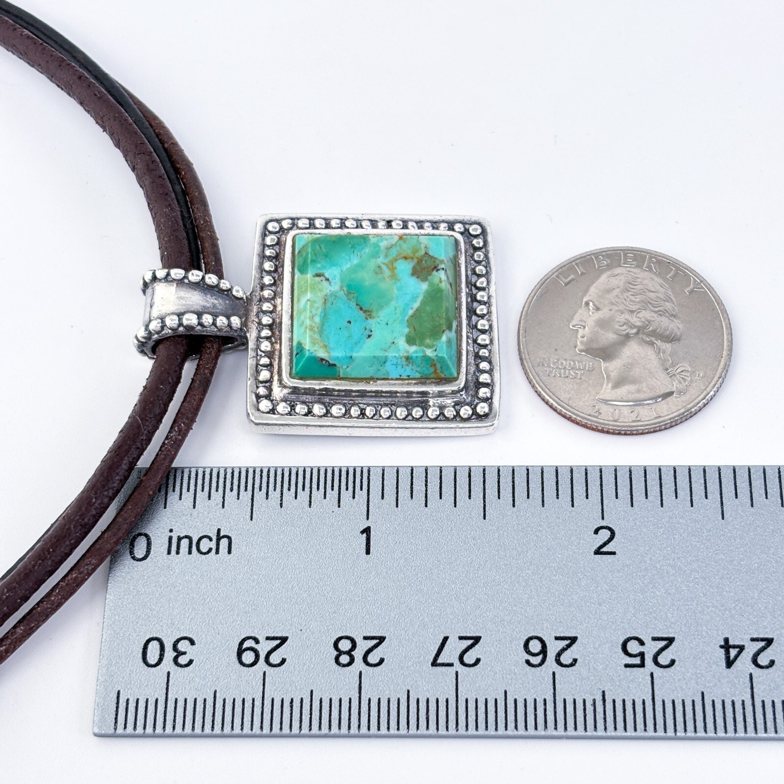 Vintage Sterling Silver Leather Cord Composite Turquoise Pendant Necklace 15.5″