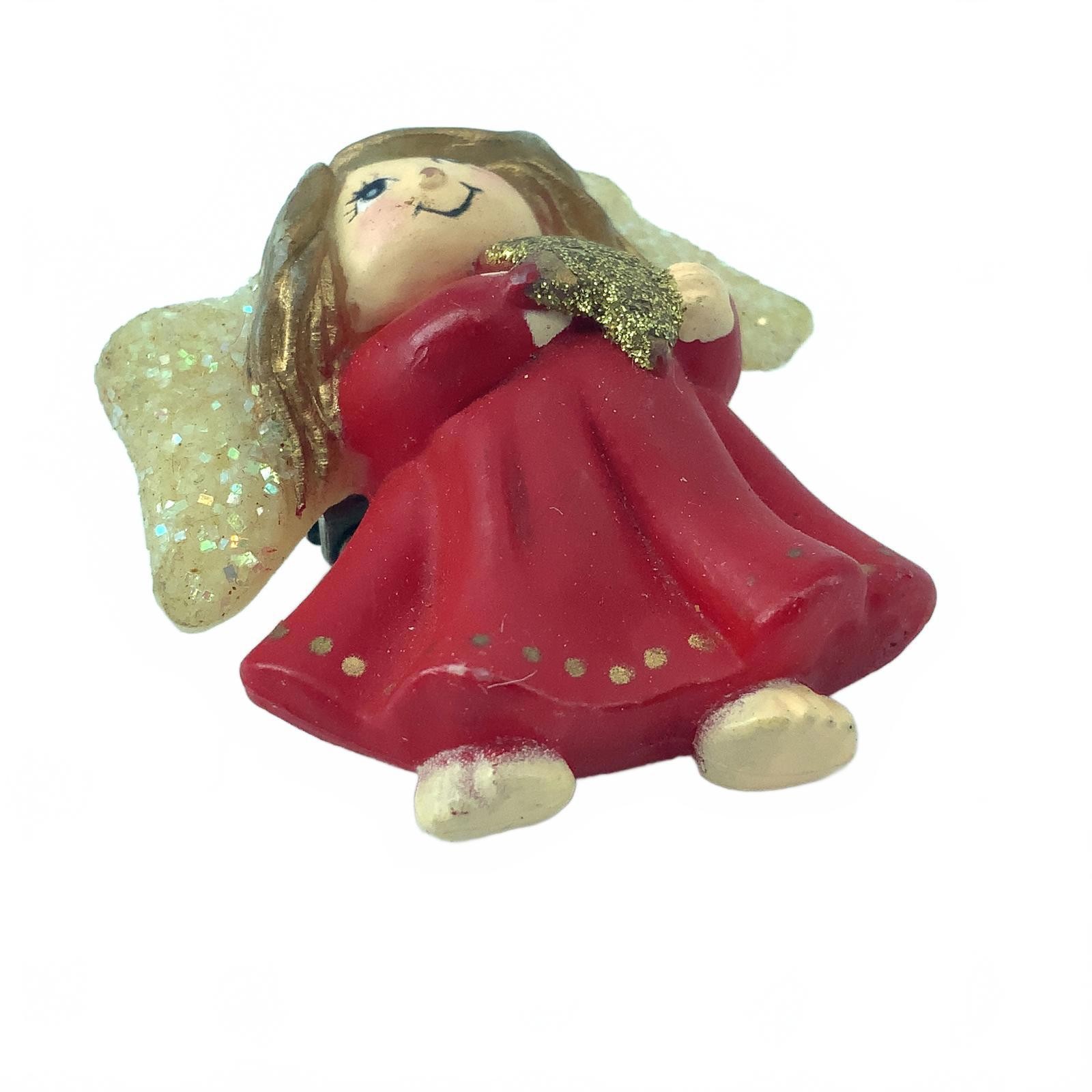Vintage Fun World Resin Christmas Angel Pin Red Gold Glitter Holiday Brooch