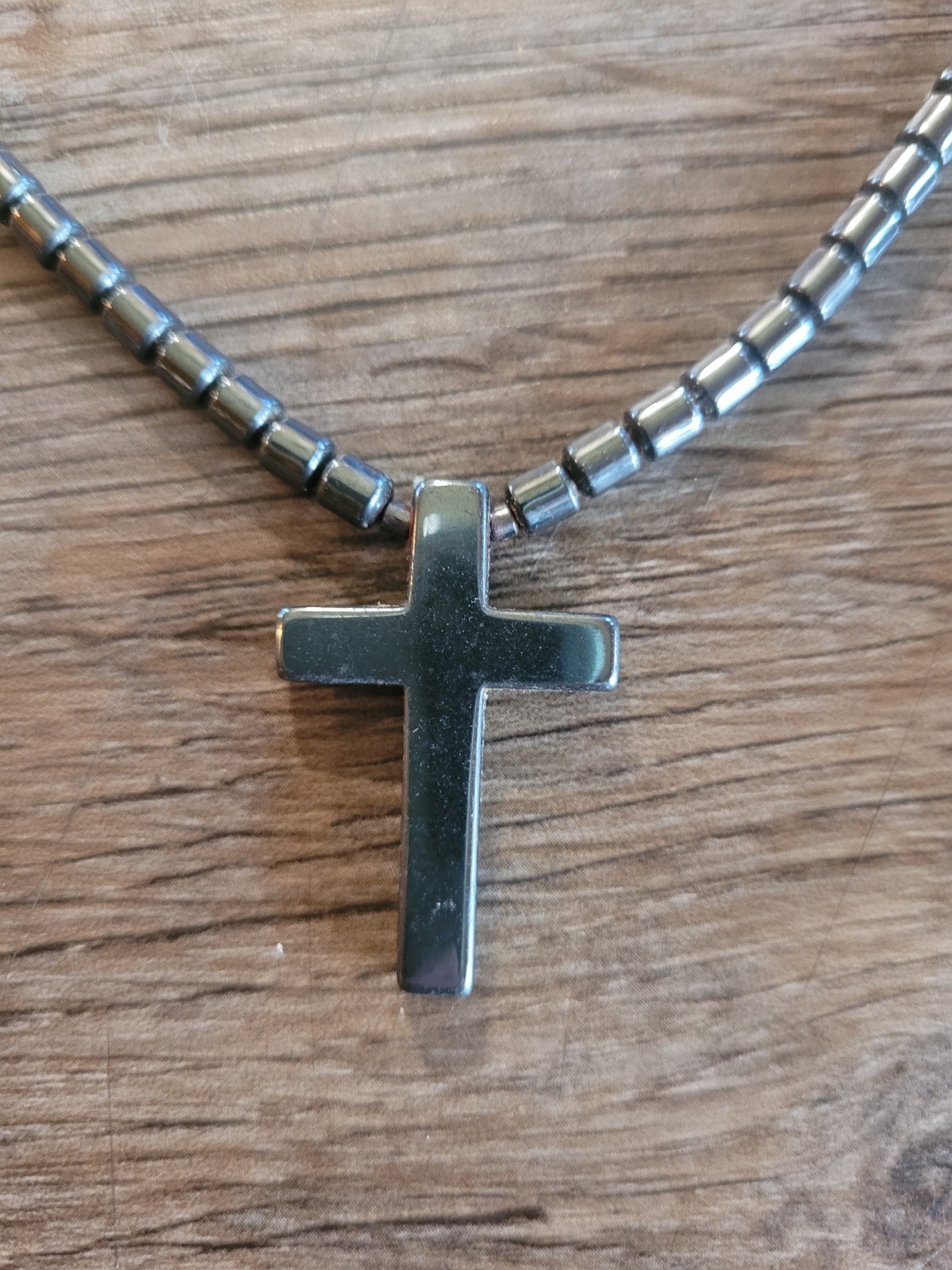 Hematite Stone Cross Pendant Beaded Necklace 16 in Vintage Strand Choker Collar