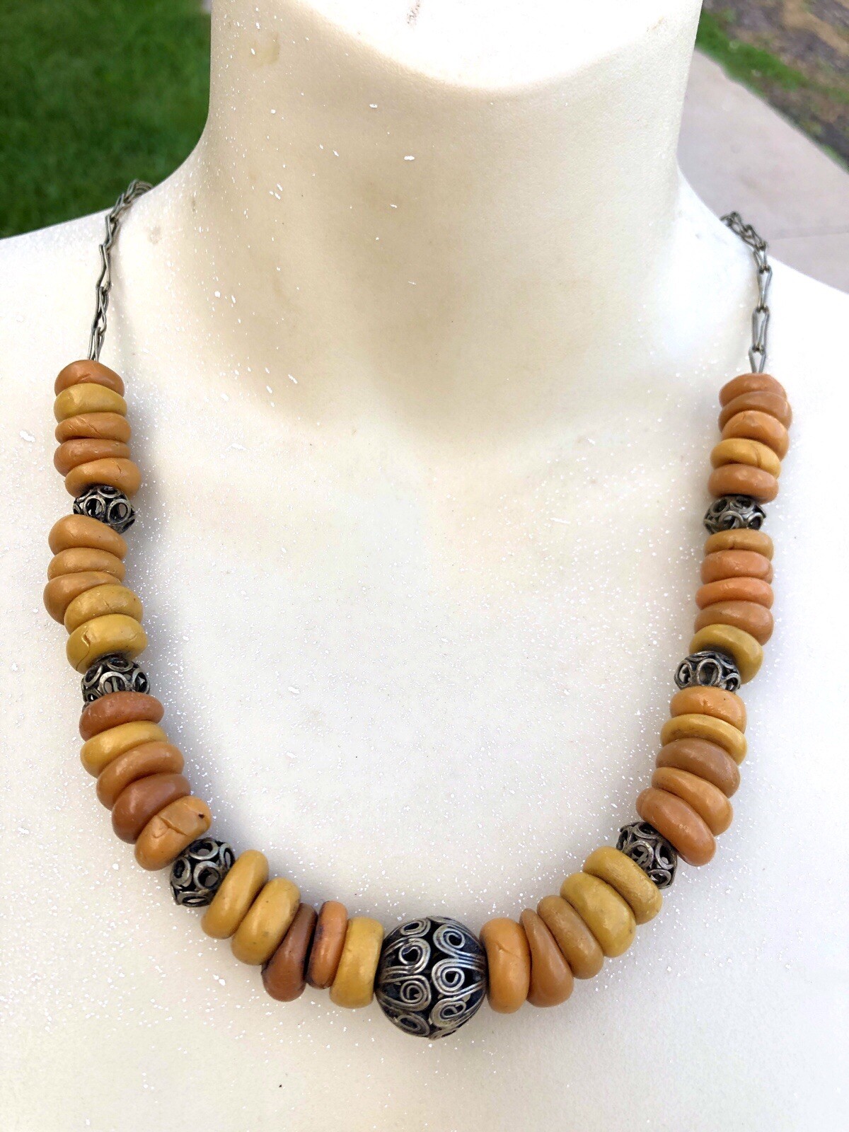 Antique Ethnic Butterscotch Egg Yolk Flat Nugget Scroll Bead Necklace Morocco