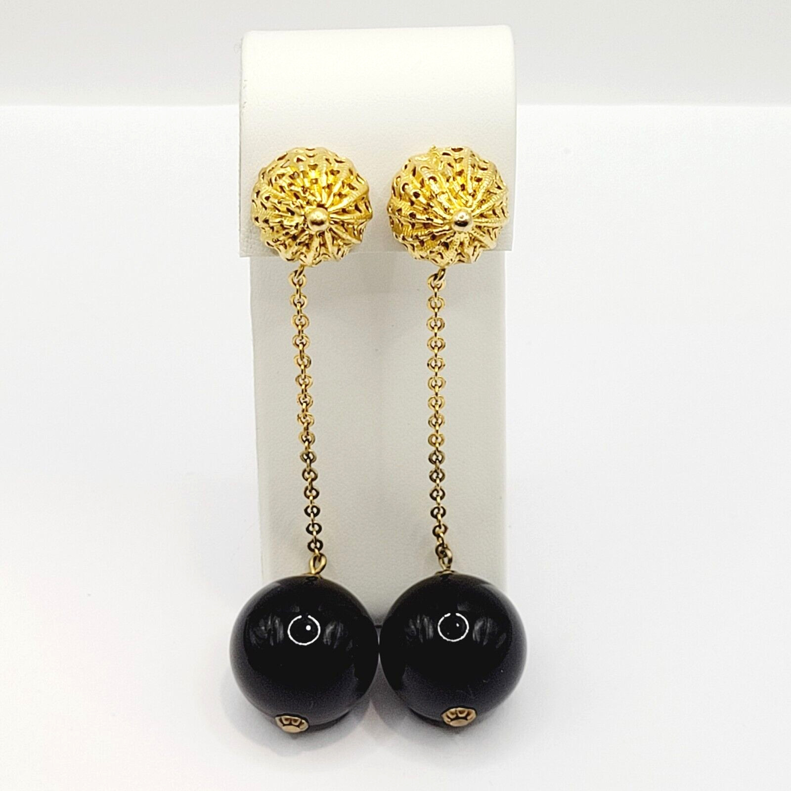 DeNicola Black Ball & Chain Long Drop Dangle Runway Gold Tone Clip On Earrings