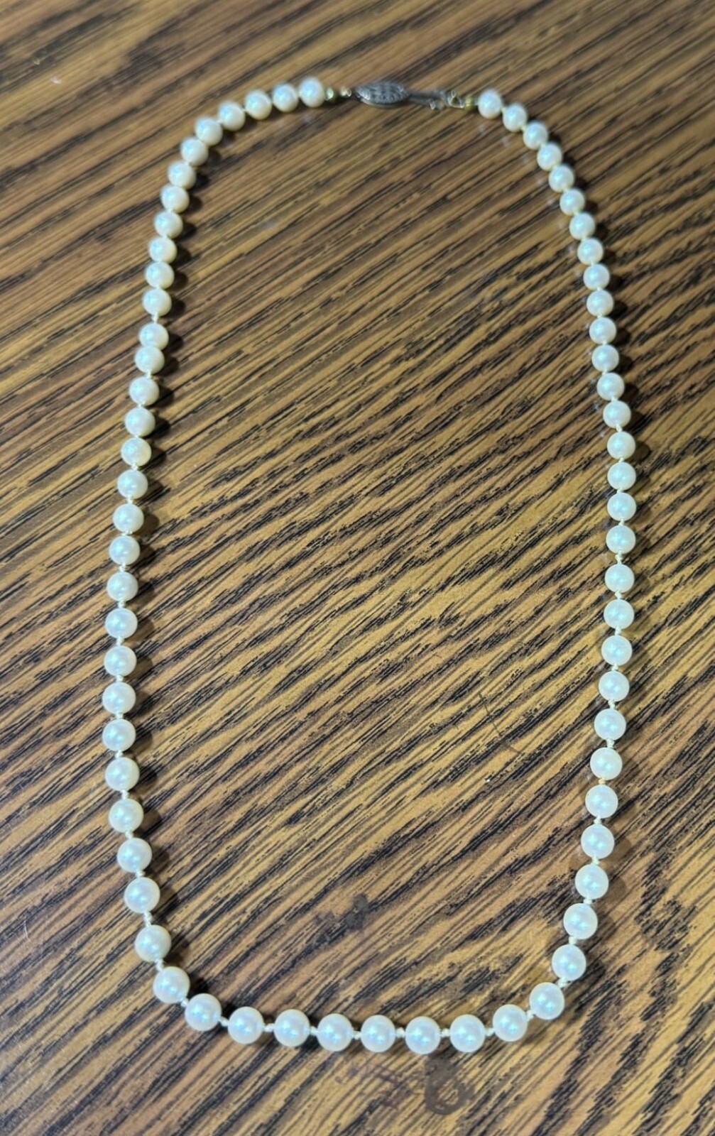 Vintage 19″ 5.3mm faux pearl knotted necklace with Sterling Clasp