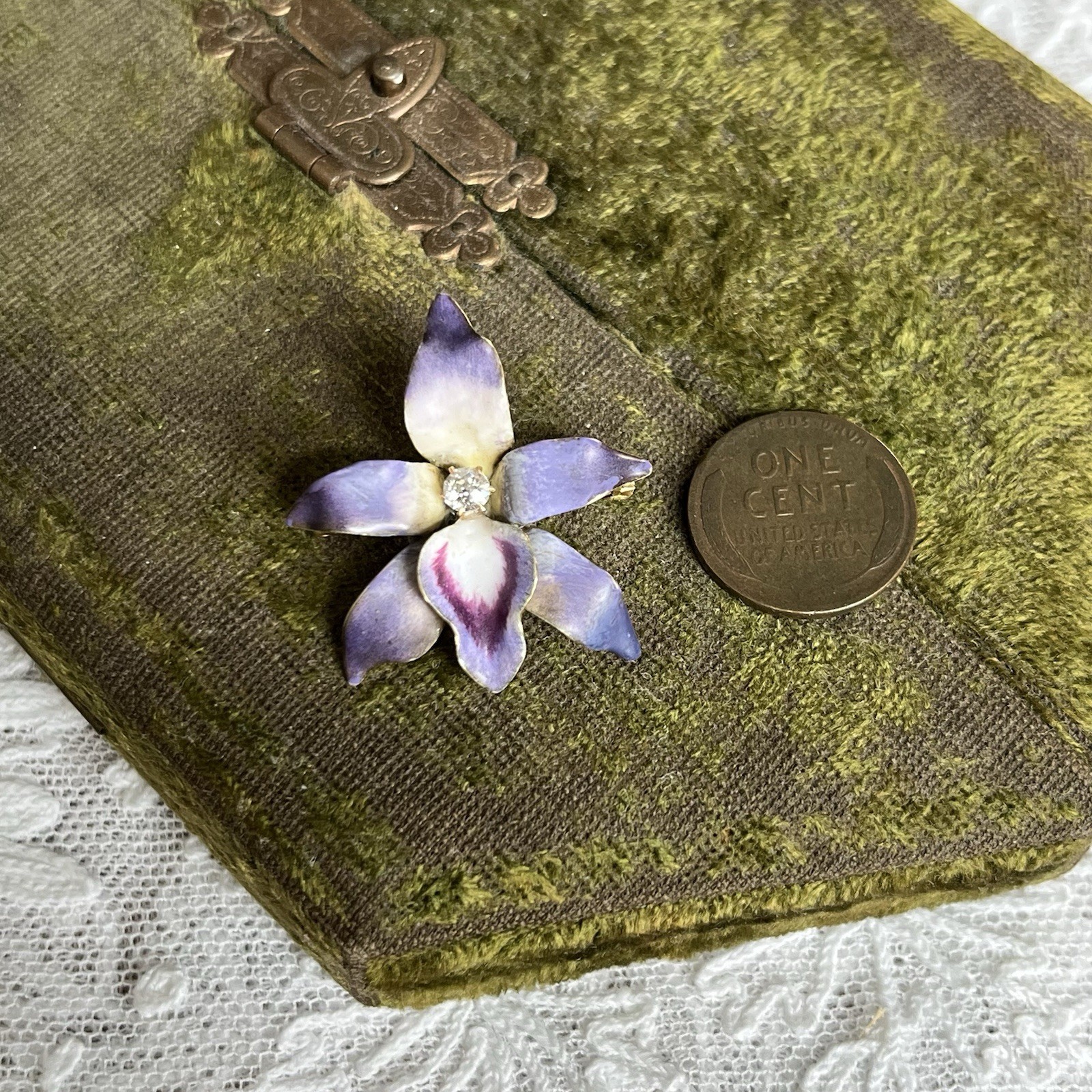Antique Art Nouveau 14k Purple Enamel Diamond Orchid Brooch Pendant Original Box