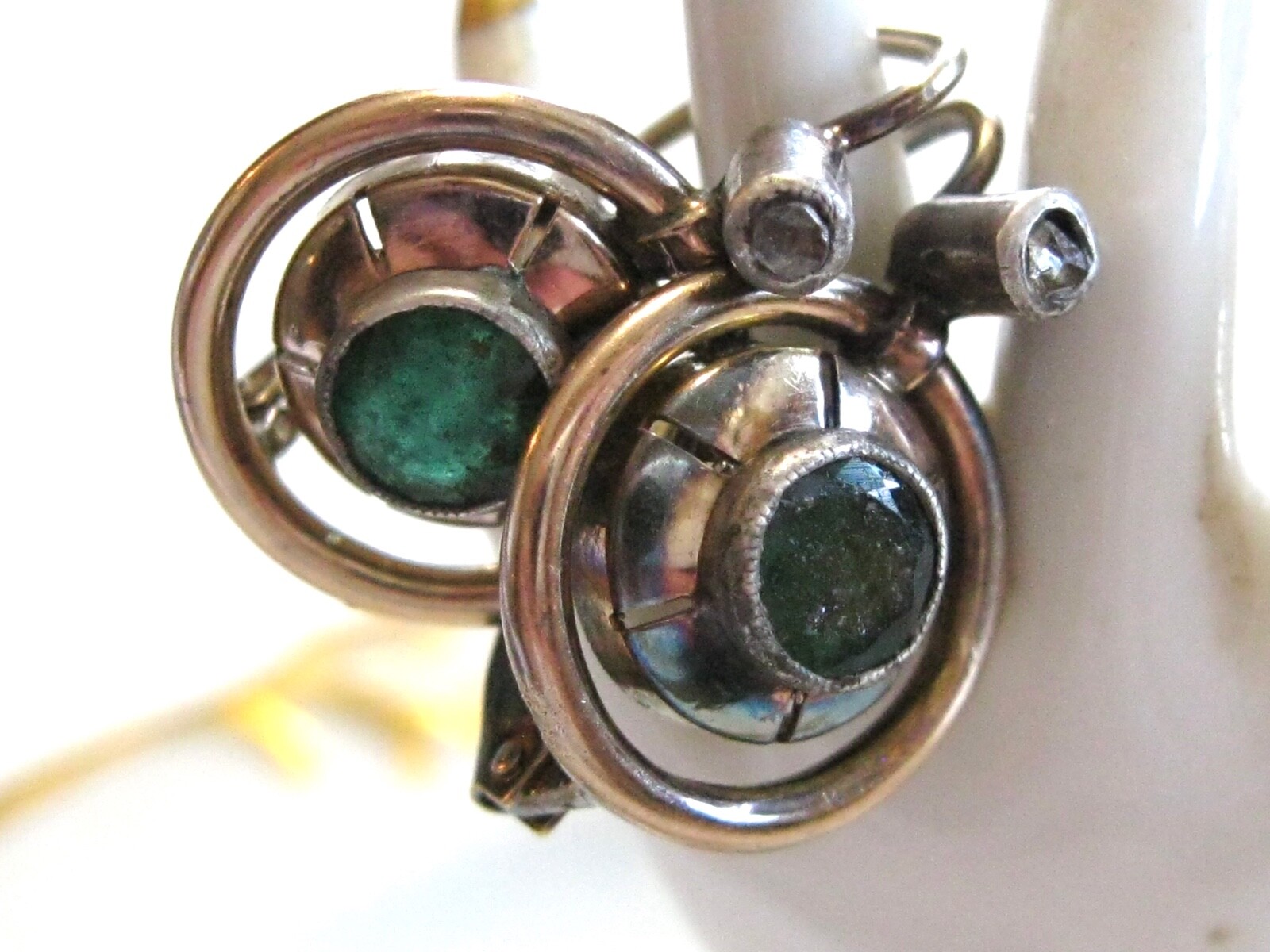 ANTIQUE CIRCULAR EMERALD AND ROSE CUT DIAMOND LEVER BACK GOLD EARRINGS 14K GOLD