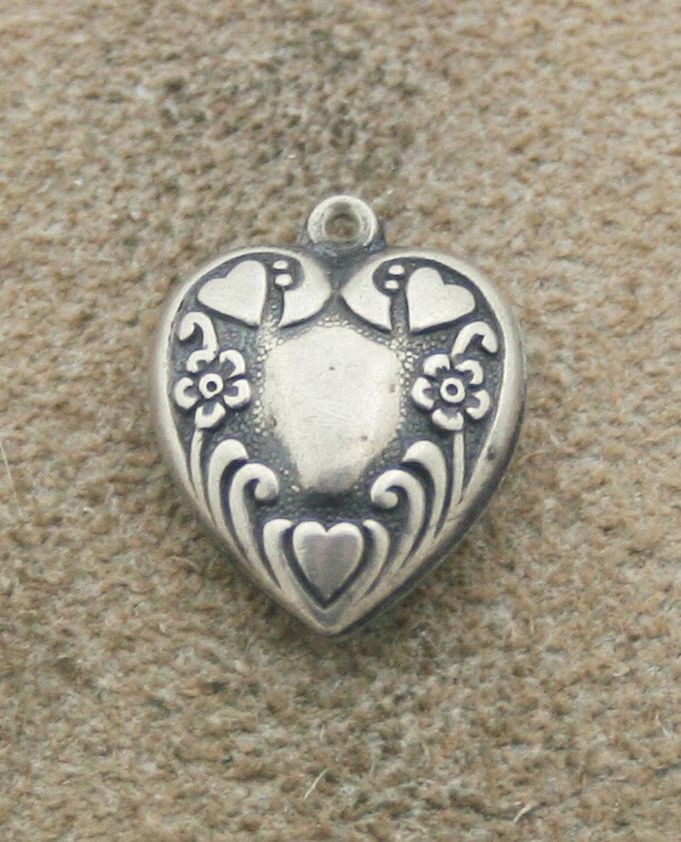 VINTAGE STERLING SILVER PUFFY HEART CHARM – Hearts, Flowers &Swirls Border & Eng