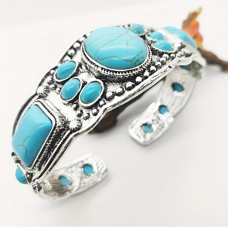 Women’s Vintage Bohemian Jewelry Cuff Bracelet with Faux Turquoise Opening