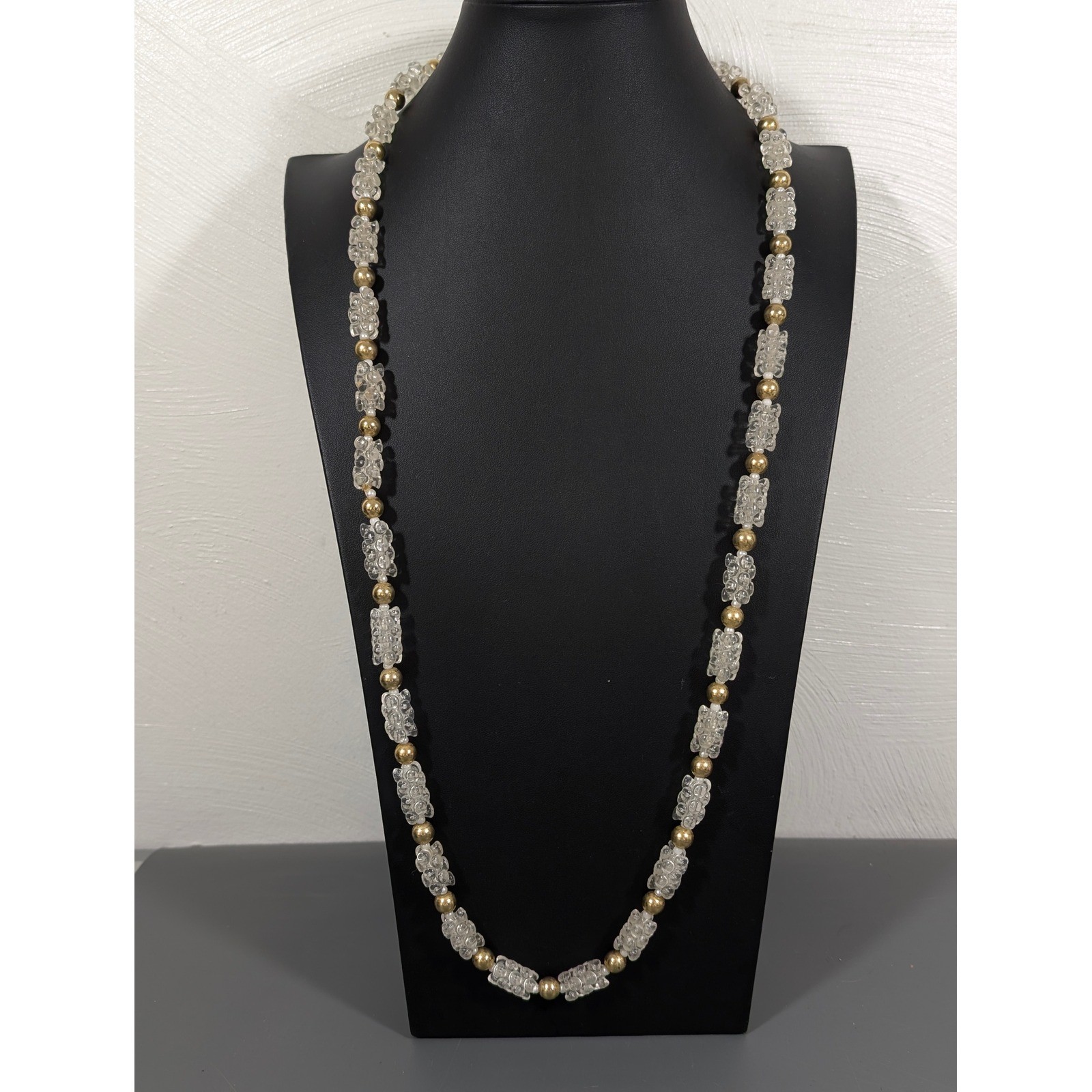 Vintage Lucite Popcorn Bead Necklace Clear Gold Tone Long 36″