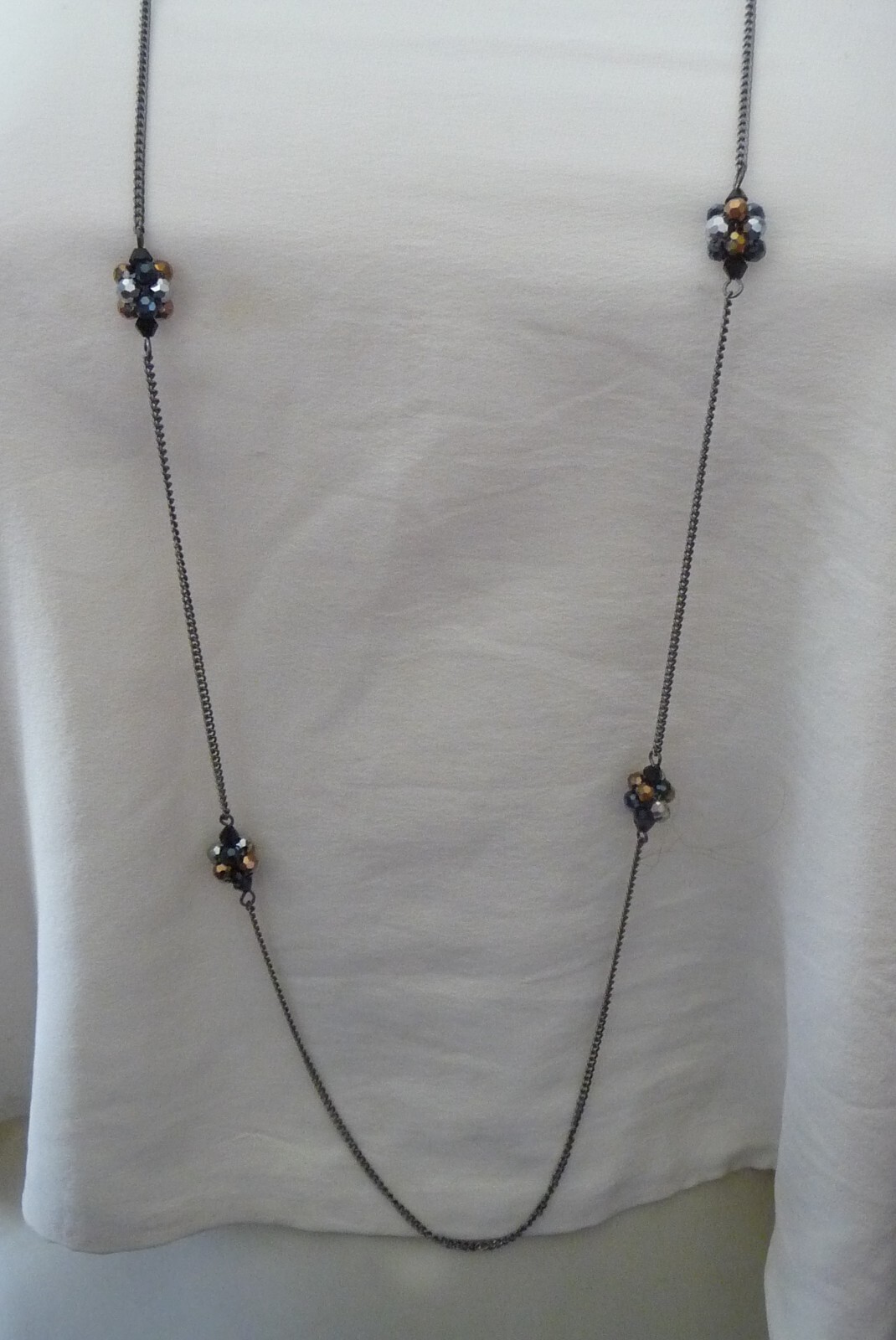 DESIGNER ?? BLACK CHAIN w BLACK GRAY COPPER TONE BEADED BEADS NECKLACE #182A