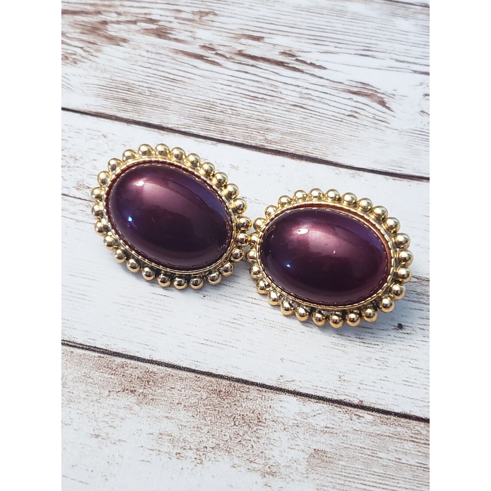 Vintage Clip On Earrings Large Chunky Statement Brown with Gold Tone Halo