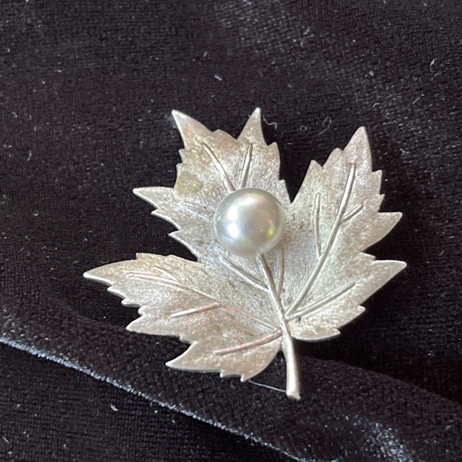 Mikimoto Sterling Silver Leaf And Pearl Brooch