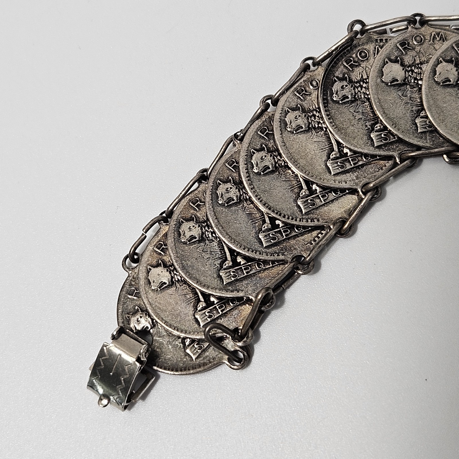 Vintage Roma Rome Coin Link Bracelet Fold Over Clasp 7″