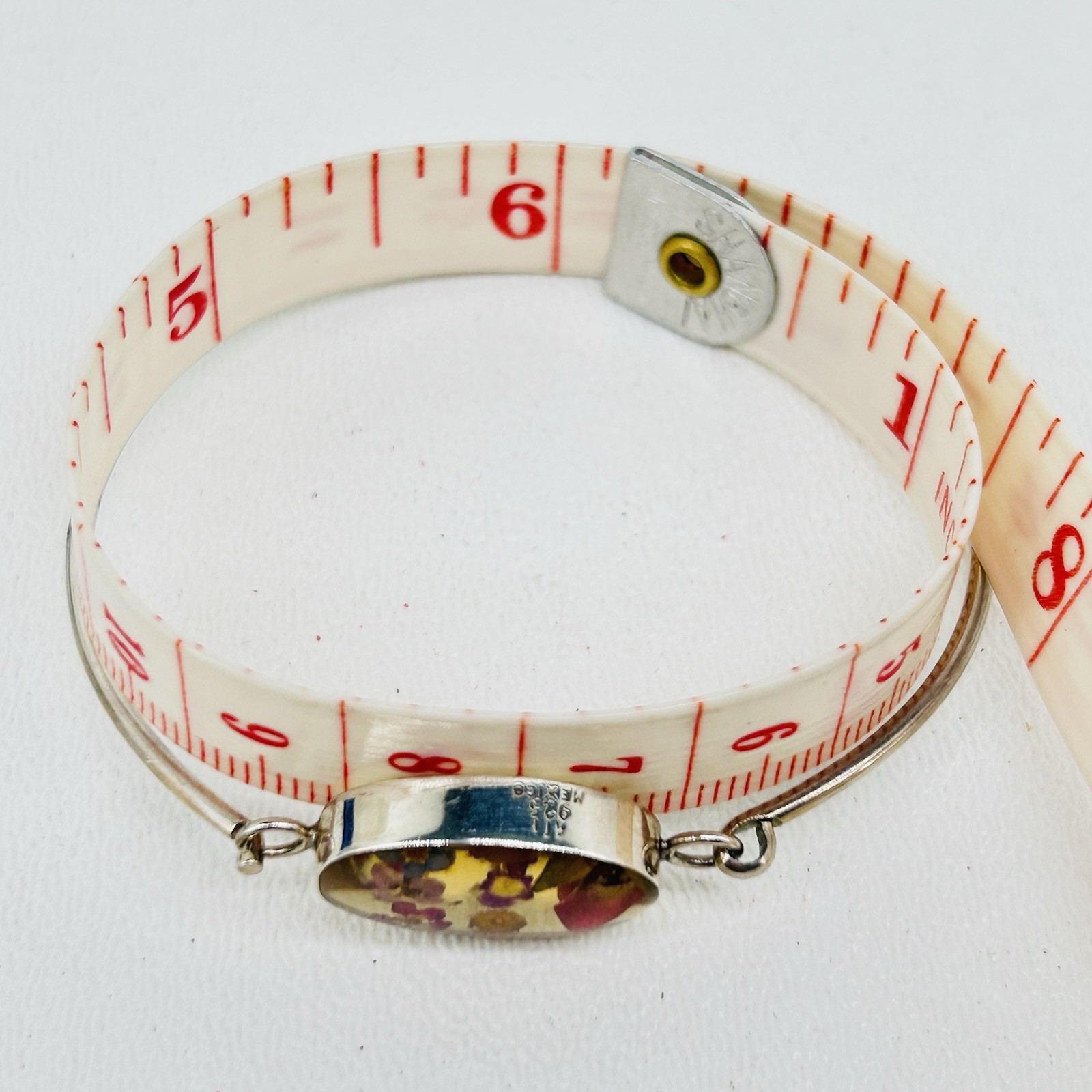 ATI Mexico 925 Sterling Artisan Oval Central Resin Dry Floral Charm Bracelet 6″