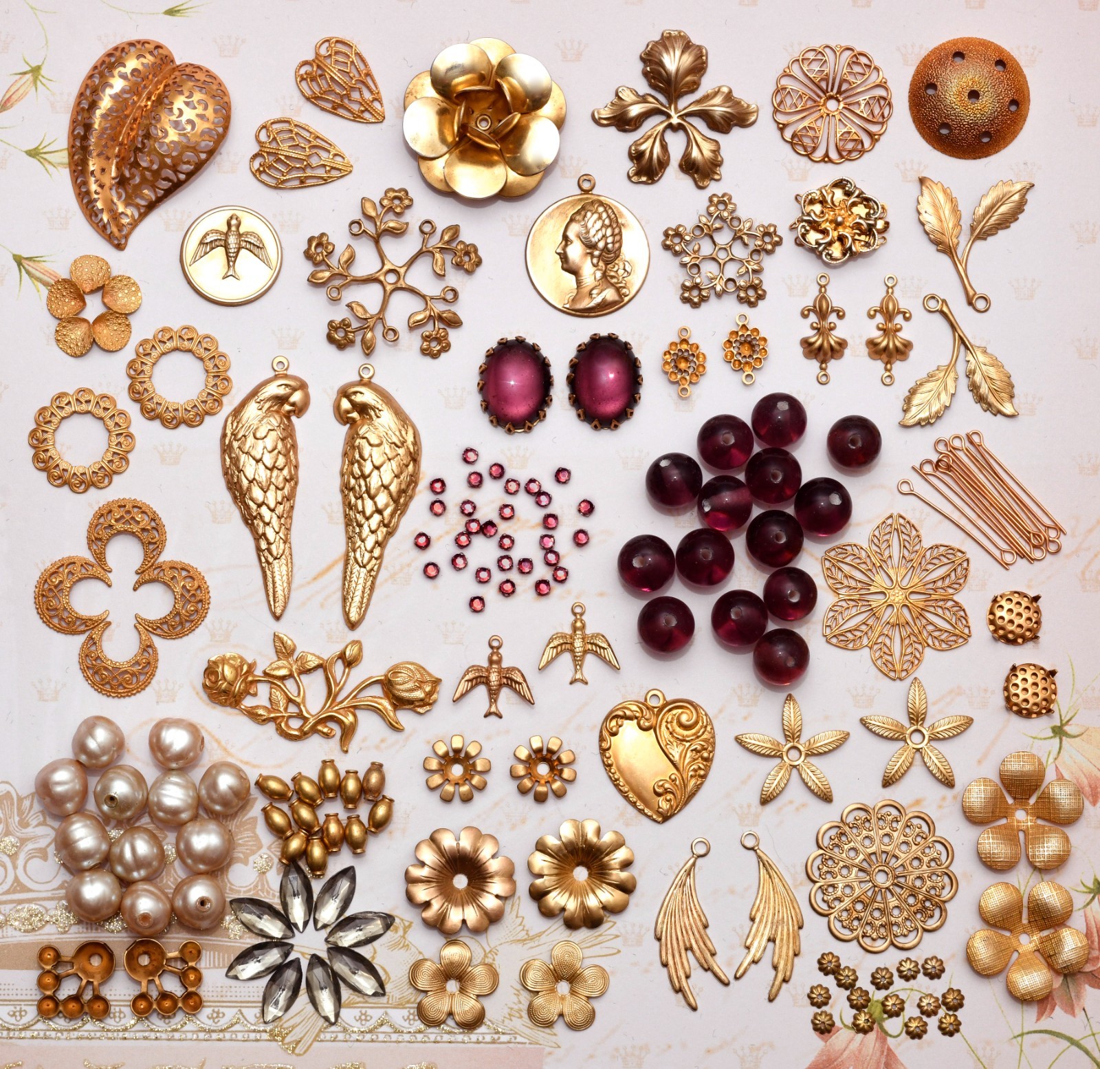 Vintage Lot Miriam Haskell Jewelry Parts Stampings Brooch Finding Necklace Beads