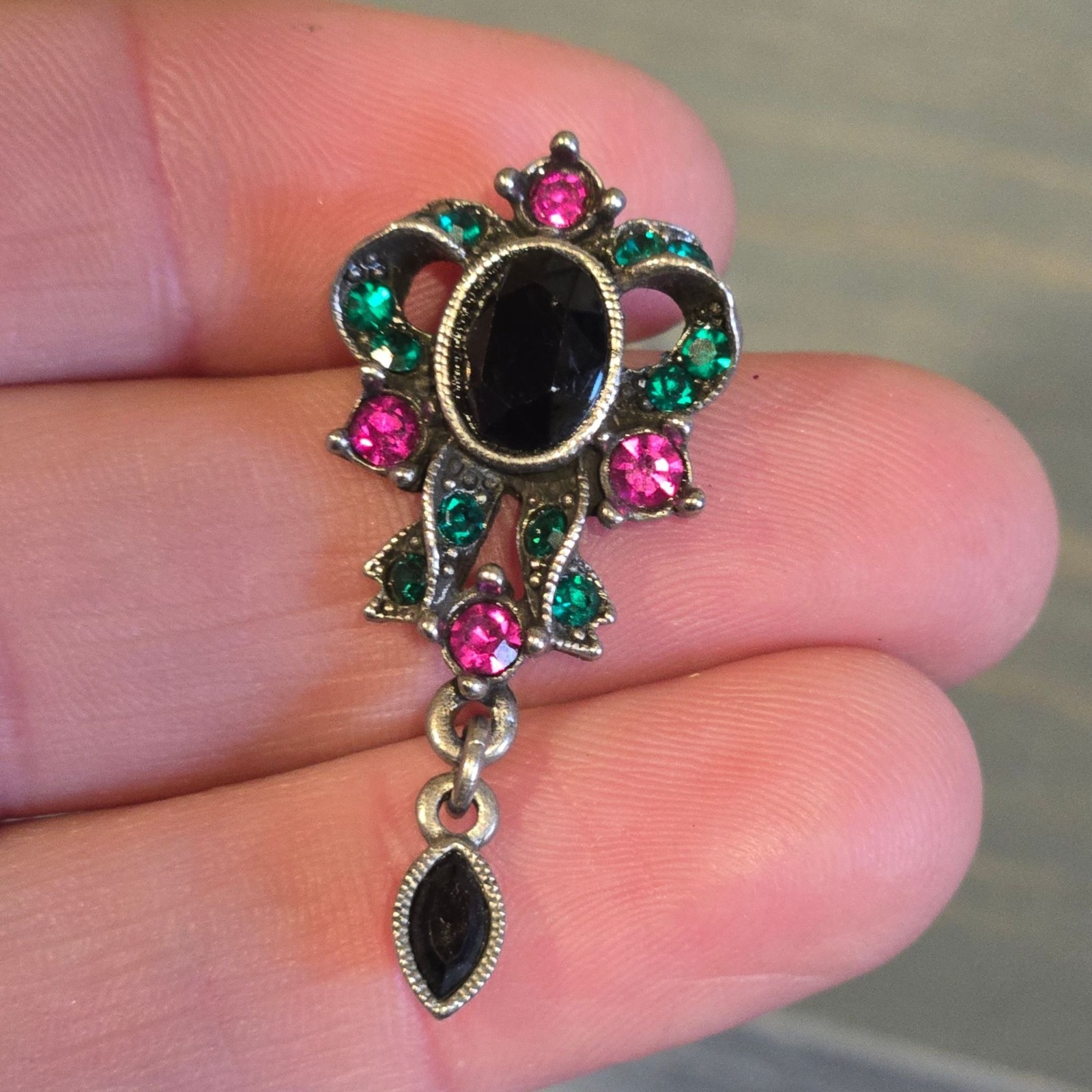 1928 Vintage Dangle Earrings Black Cabochon Pink Green Crystal Drop Bow shaped