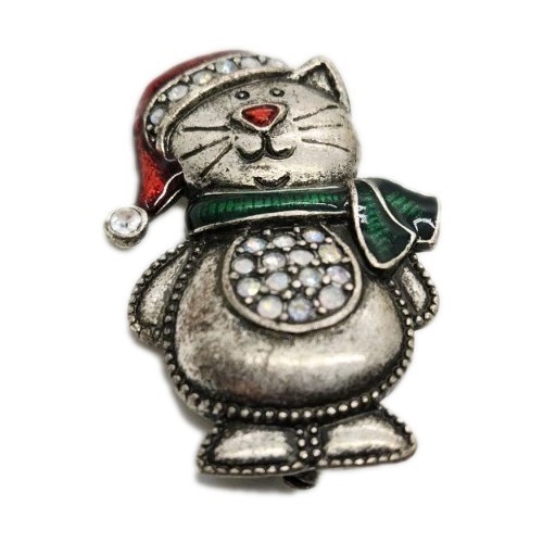Christmas Cat Brooch Signed TC Vintage Pewter Finish Enamel Crystal Kitty Pin