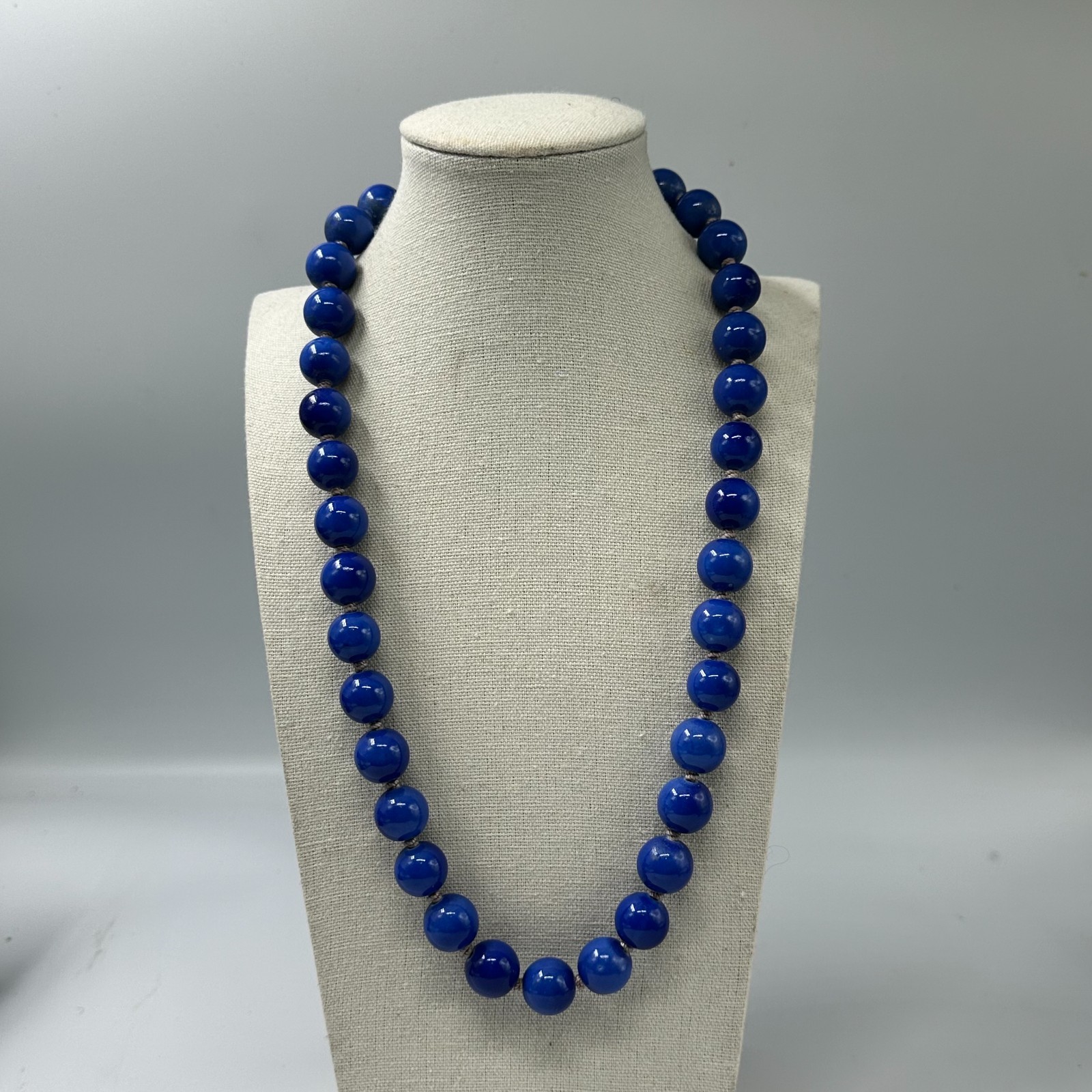 Vintage Chinese Peking Blue Glass Bead Necklace Hand Knotted Cloisonne Clasp 26″