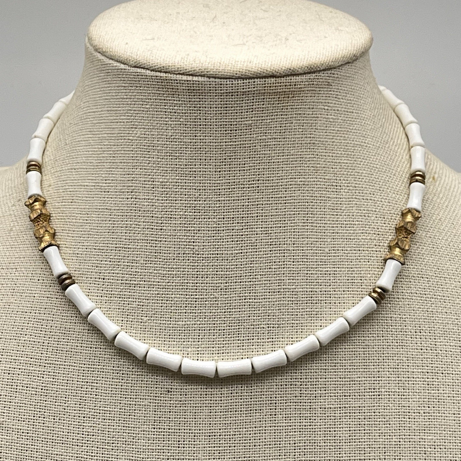Vintage White Egyptian Revival Necklace Bamboo Beads 15″