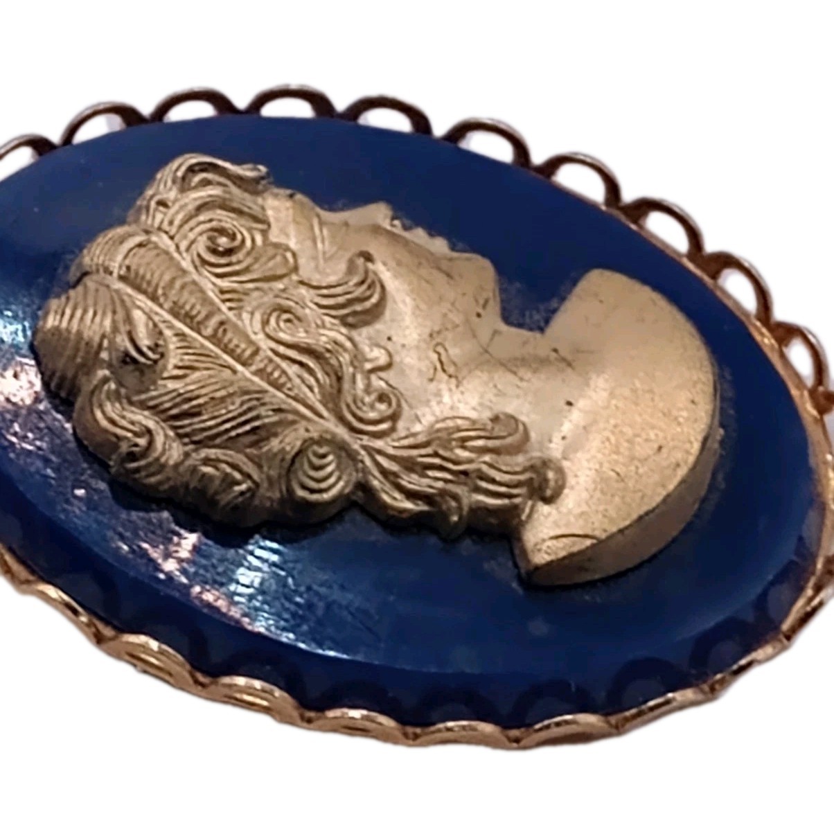 Vintage Blue Gold Cameo Brooch Greek roman goddess Female Profile Pin 1 3/4 in