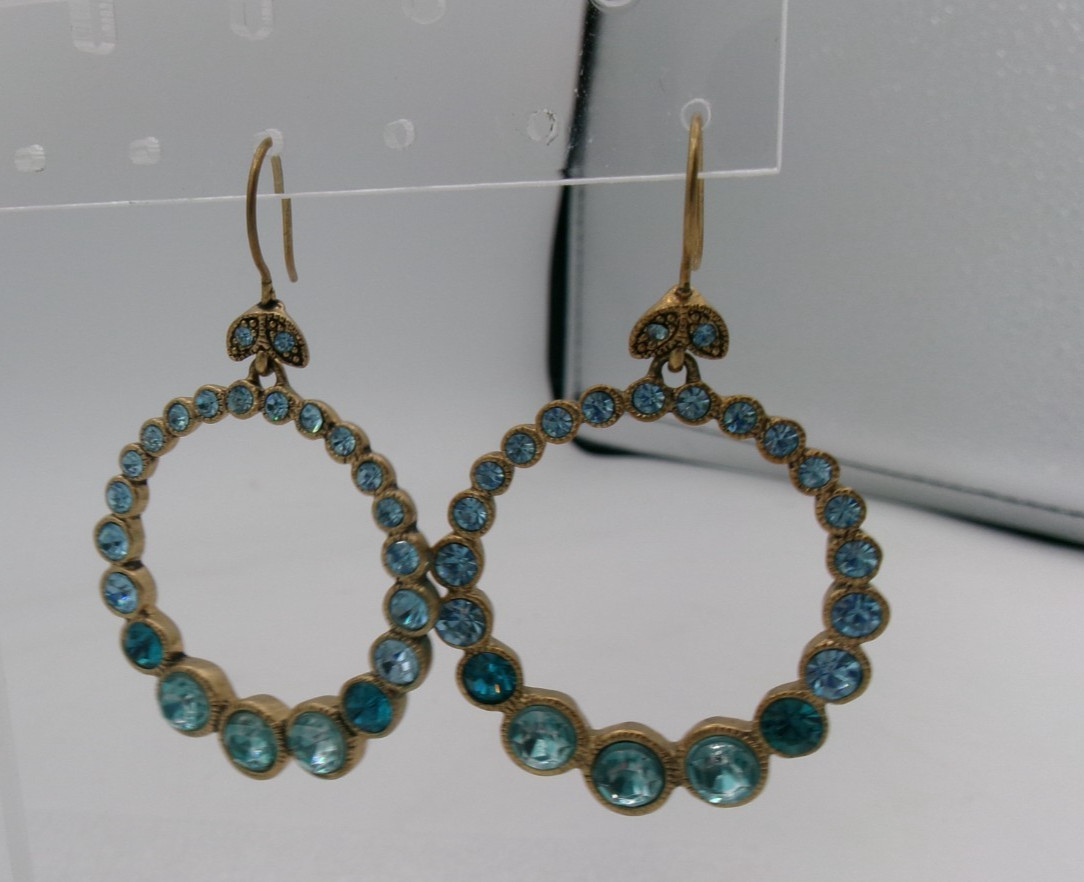 Vintage Liz Claiborne Hook Pierced Dangle Circle Blue Rhinestone Earrings