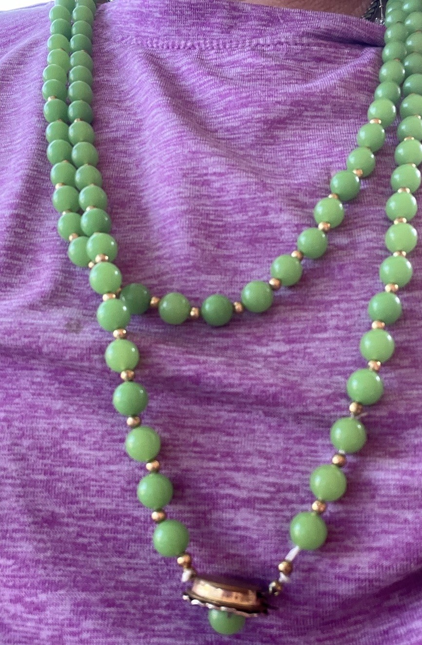 MCM Lime Green & Gold Bead Necklace with Matching Clip On Earrings Vintage Set