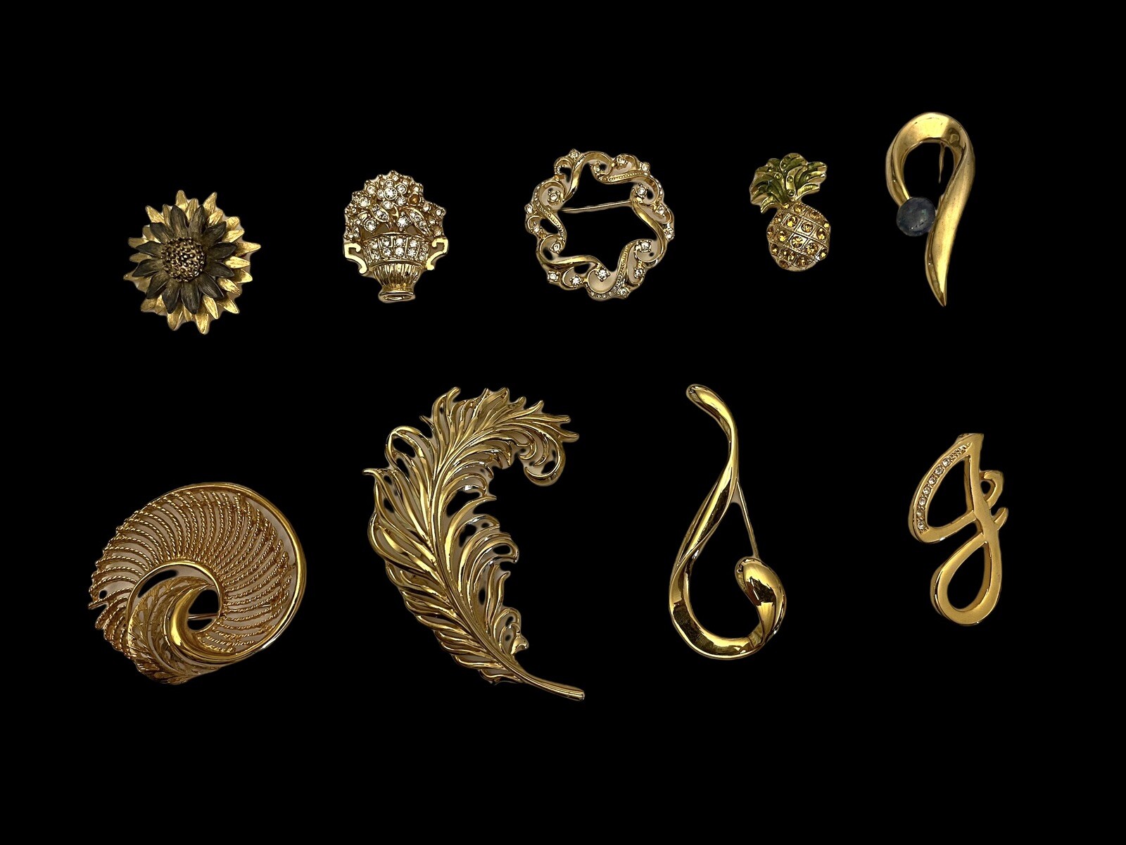 Vintage Gold Tone Rhinestones Filigree Costume Jewelry Brooch Pins Lot