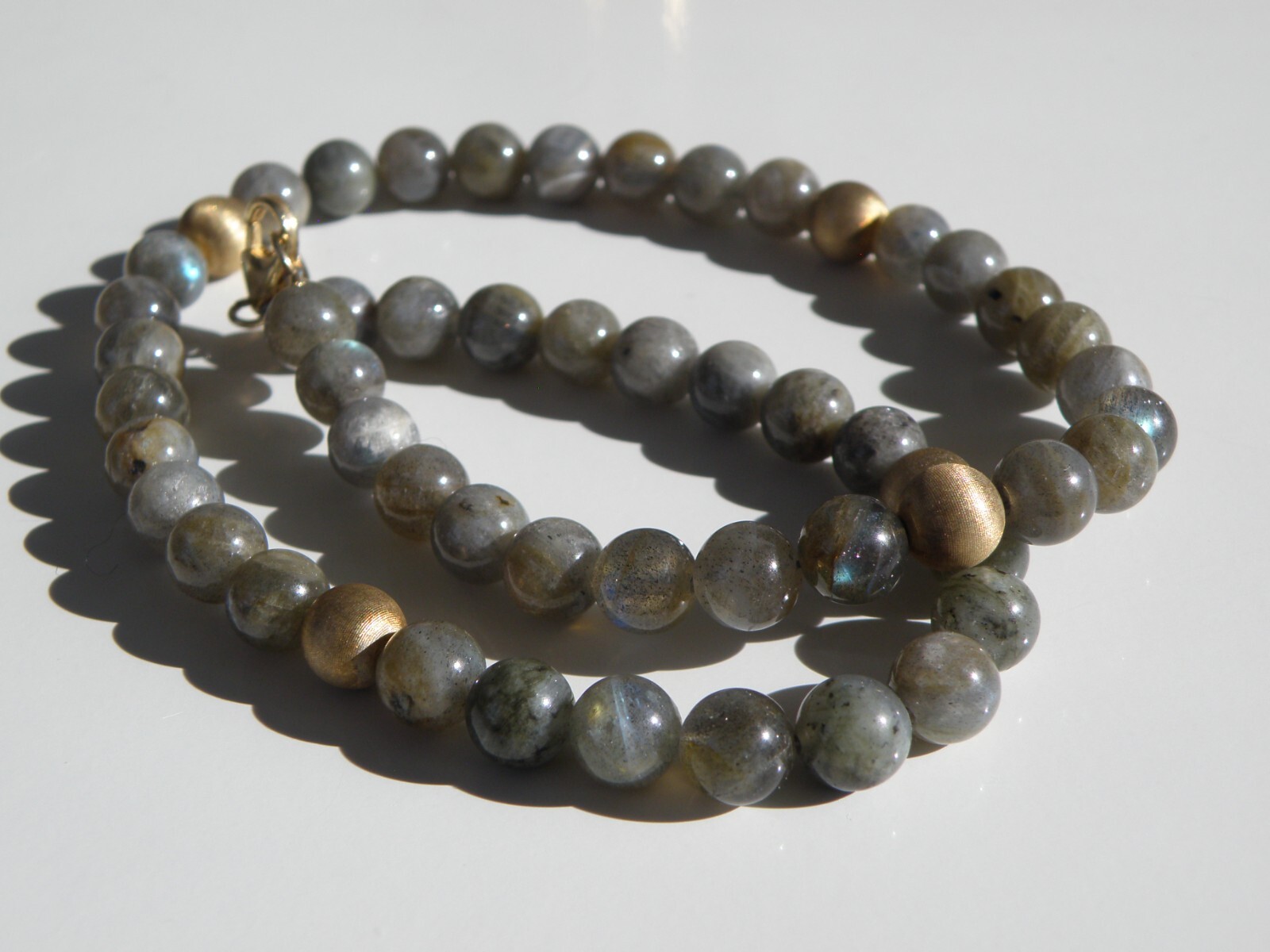 Vintage Sterling Silver 925 Gold on Natural Labradorite Bead Necklace 17.5″