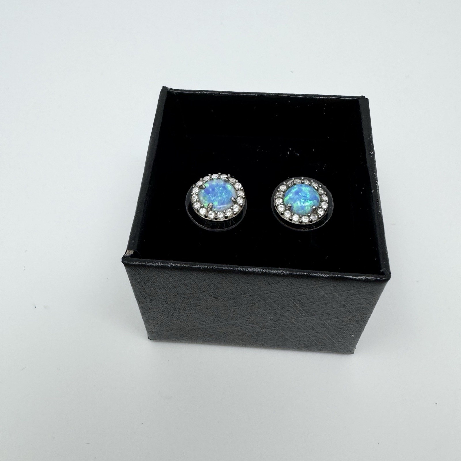 Vintage Estate 925 Sterling Silver Blue Opal & CZ Round Stud Earrings