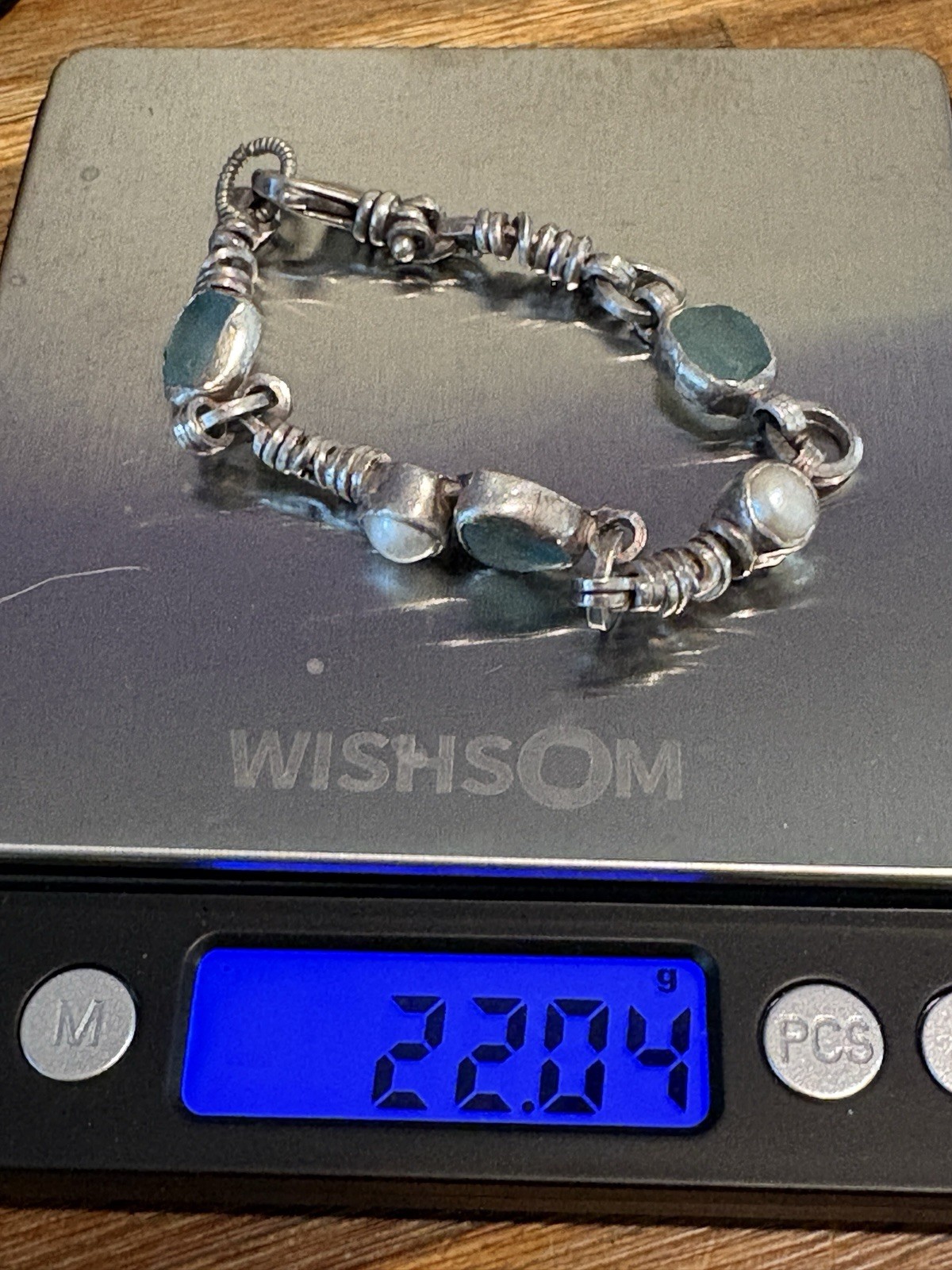 VTG 925 Sterling Silver, Blue Seaglass And Pearl Bracelet 7.5 Handmade 22 Grams
