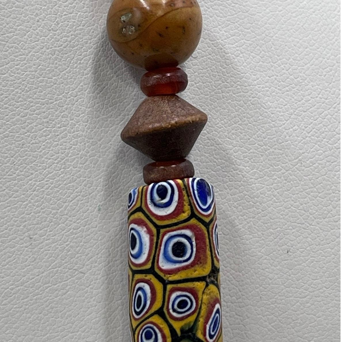 Antique Sterling Millefiori African Trade Bead Amber Resin Bakelite Necklace