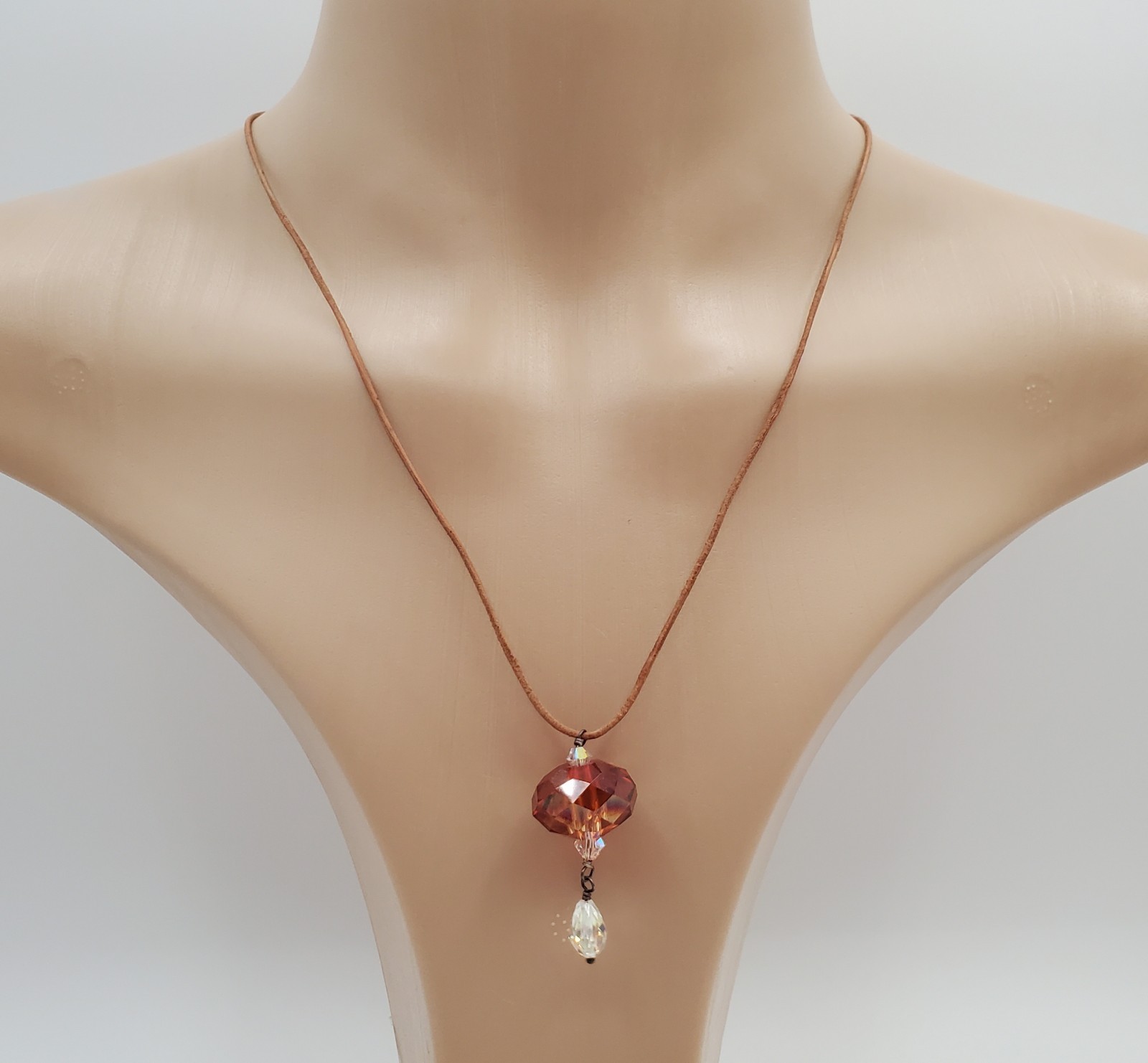 VTG 925 Faceted Amber Tone Crystal Necklace 18in Sterling Clasp Raw Leather Cord