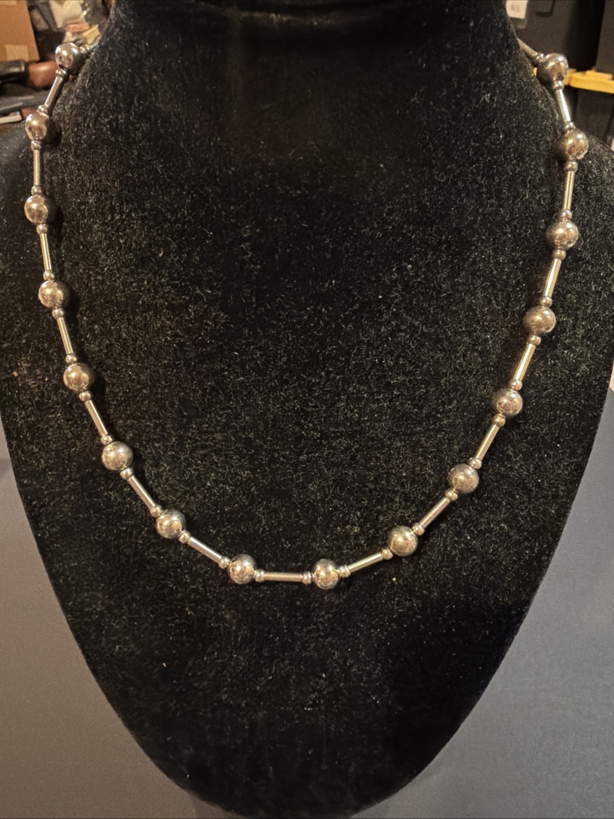 Vintage Sterling Silver Modernist Bar & Ball Bead Station Link Necklace