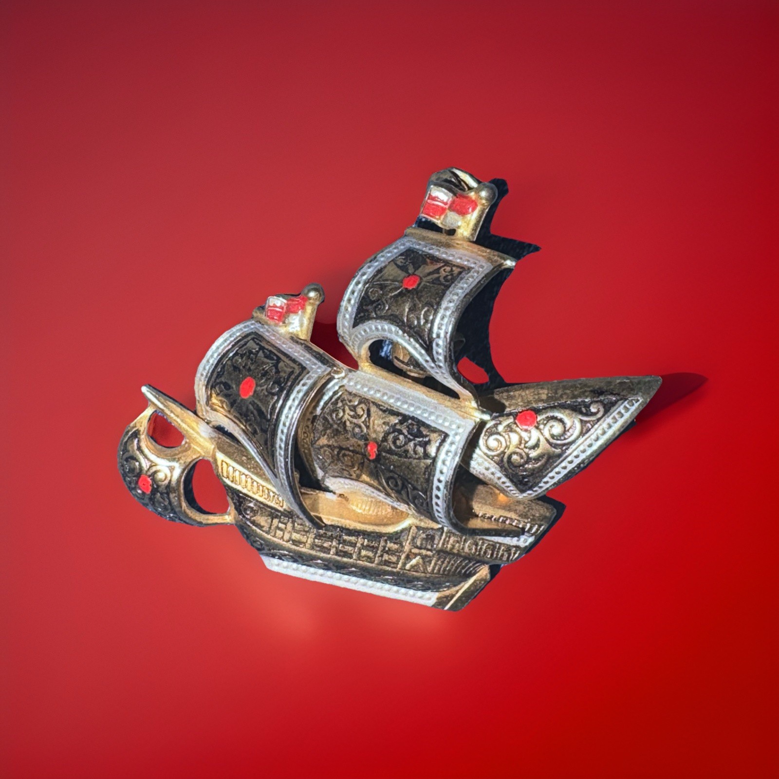 Vintage Spanish Damascene Galleon Ship Brooch Pin 1950s 1960s Toledoware Spain