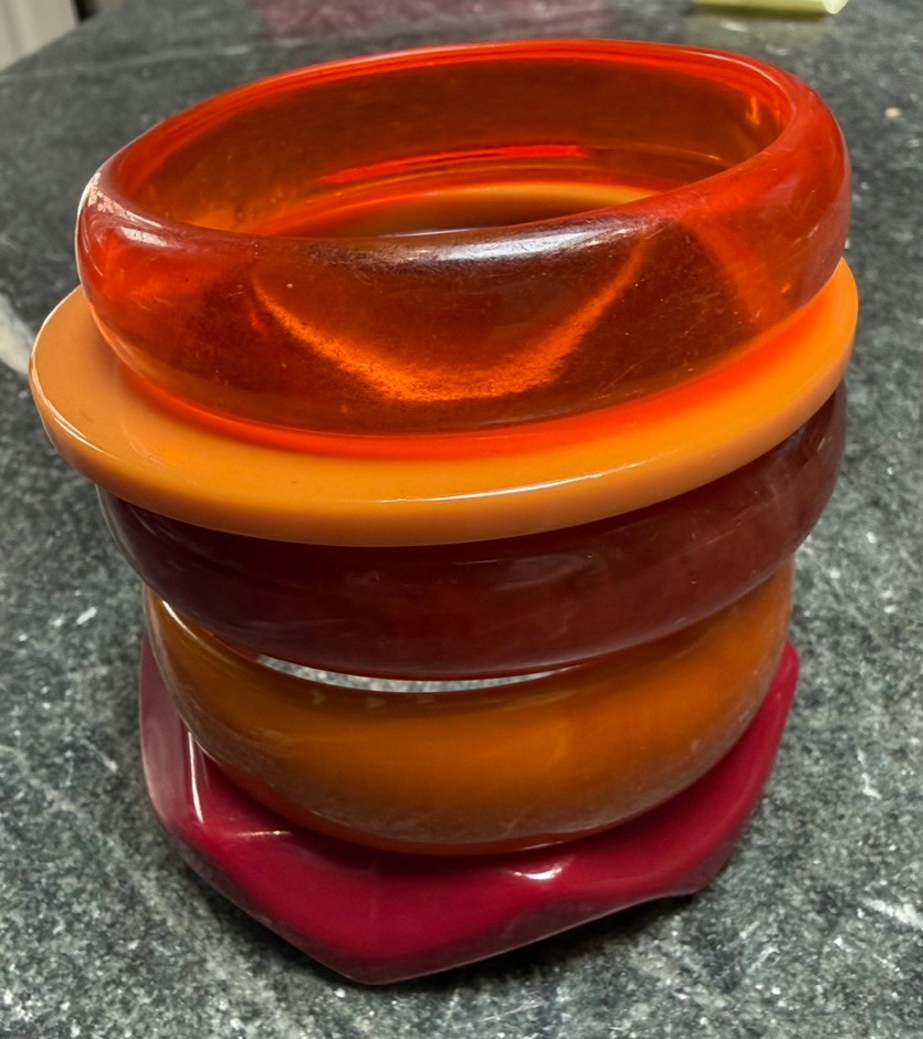 Lot of 5 Vintage 1970’s Lucite Bracelets – Orange, Red, Brown